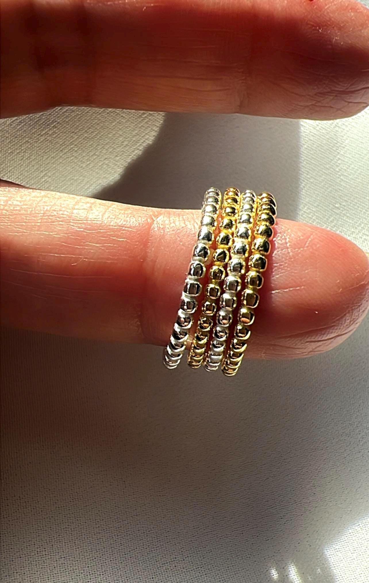 Gold Plated Beaded Stacking Ring, Sterling Silver Unisex Band,minimalist Jewelry,Thin Band,Beaded Wedding Band Thin Stacking Ring