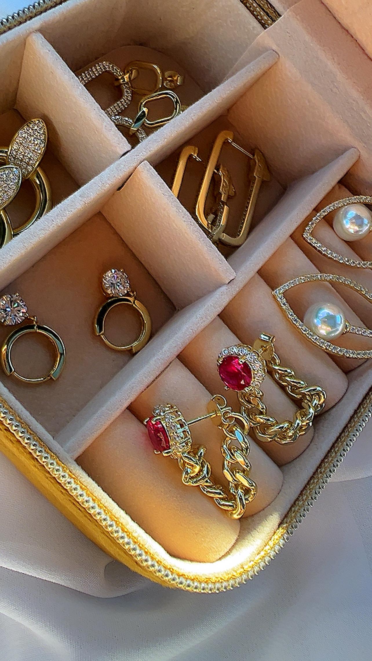 Gold link earring curb chain link dangle drop earrings red stone earring cubic zirconia link earrings drop and dangle earrings gift ideas