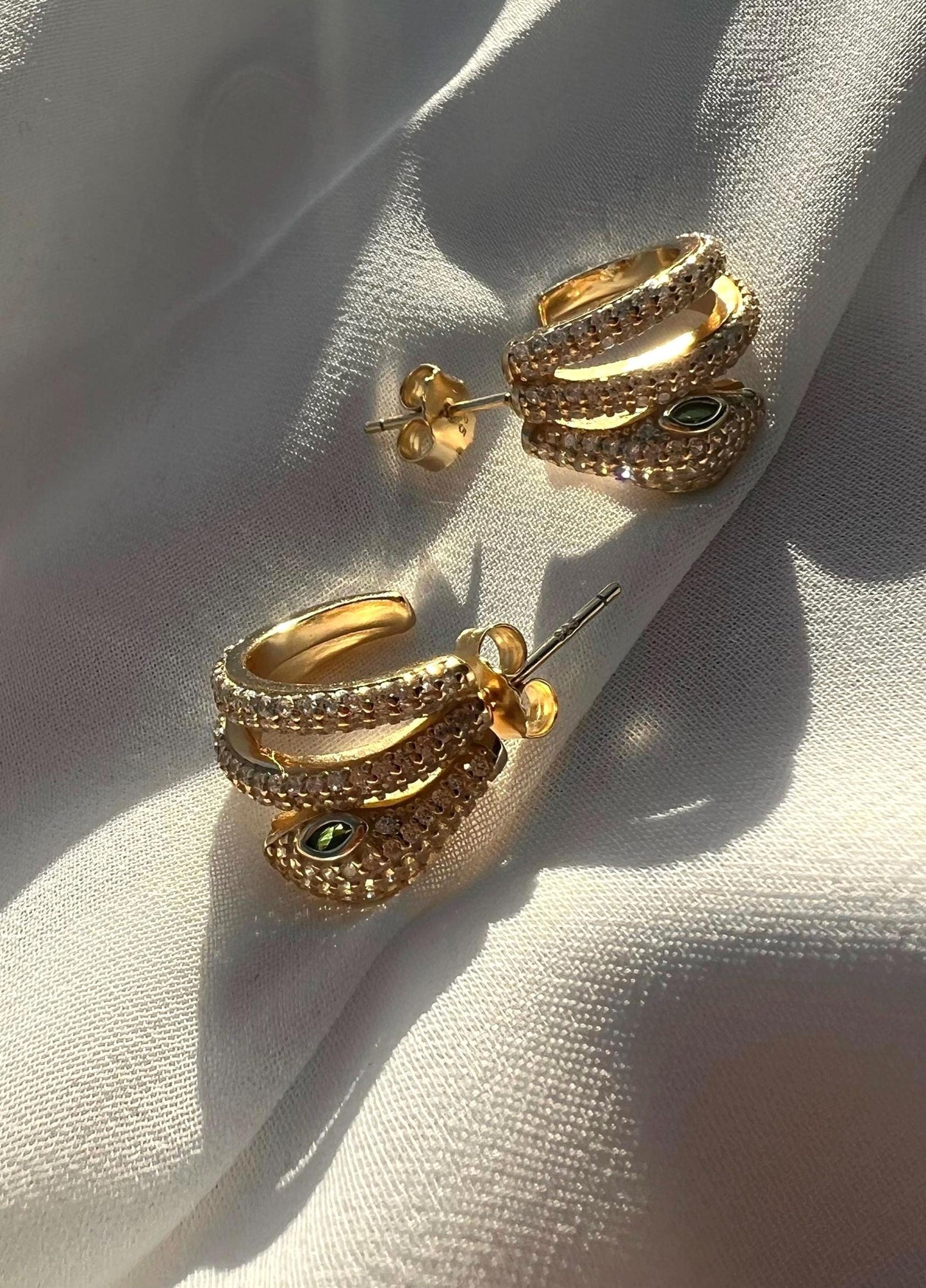 Gold Snake Hoop Earrings: CZ Serpent Earrings