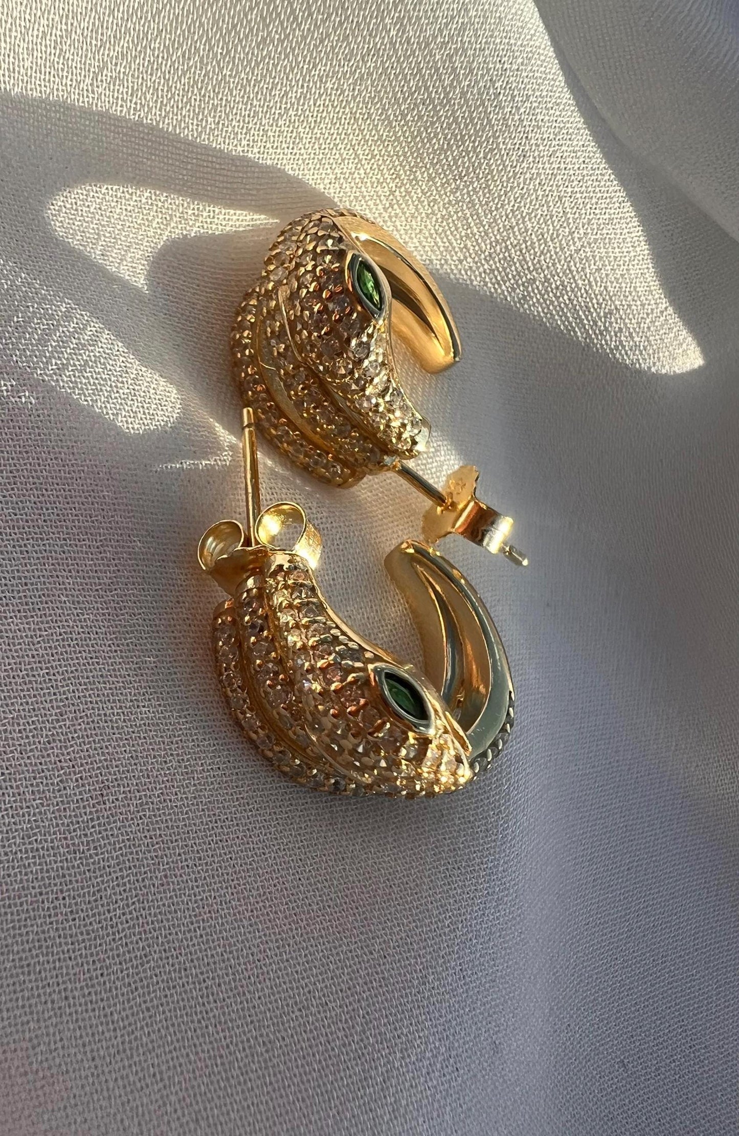 Gold Snake Hoop Earrings: CZ Serpent Earrings