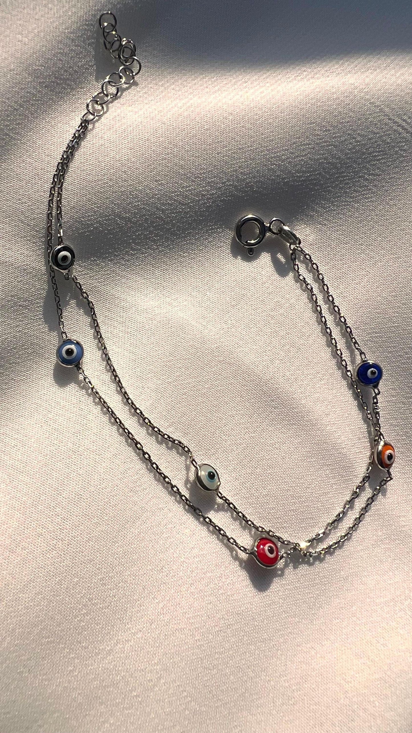 Sterling Silver Evil Eye Bracelet: Multicolored Beaded Double Link