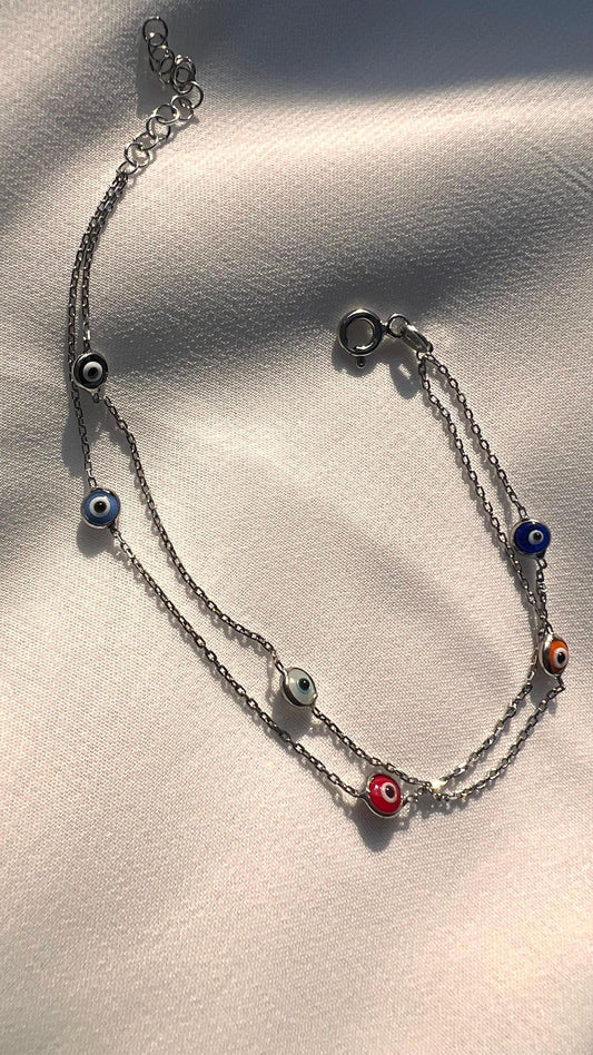 Sterling Silver Evil Eye Bracelet: Multicolored Beaded Double Link