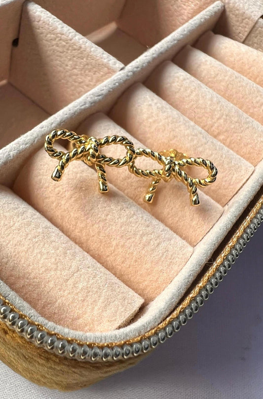 14K Gold-Plated Bow Stud Earrings: Elegant Twist Design