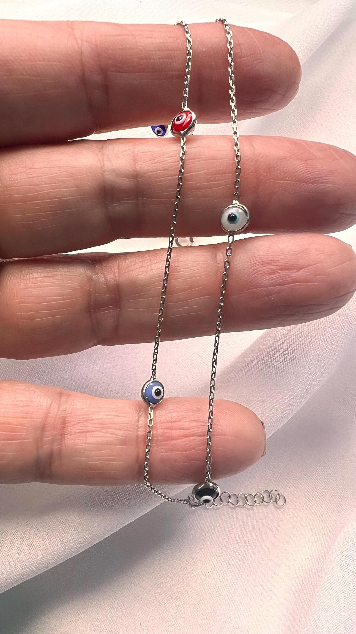 Sterling Silver Evil Eye Bracelet: Multicolored Beaded Double Link