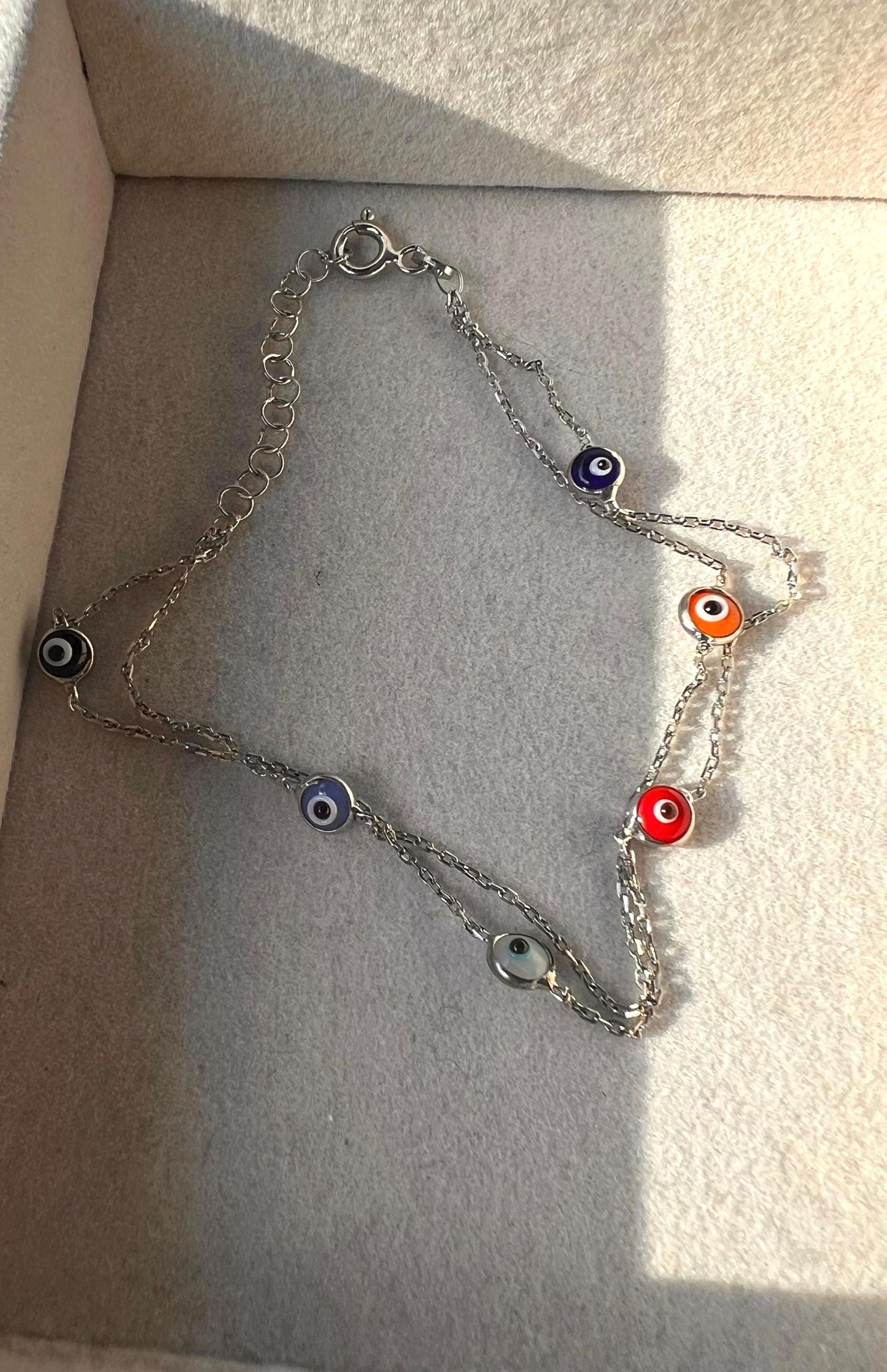 Sterling Silver Evil Eye Bracelet: Multicolored Beaded Double Link