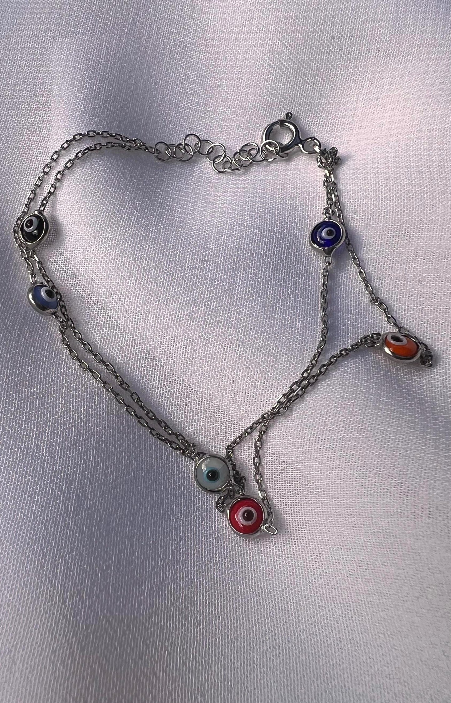 Sterling Silver Evil Eye Bracelet: Multicolored Beaded Double Link