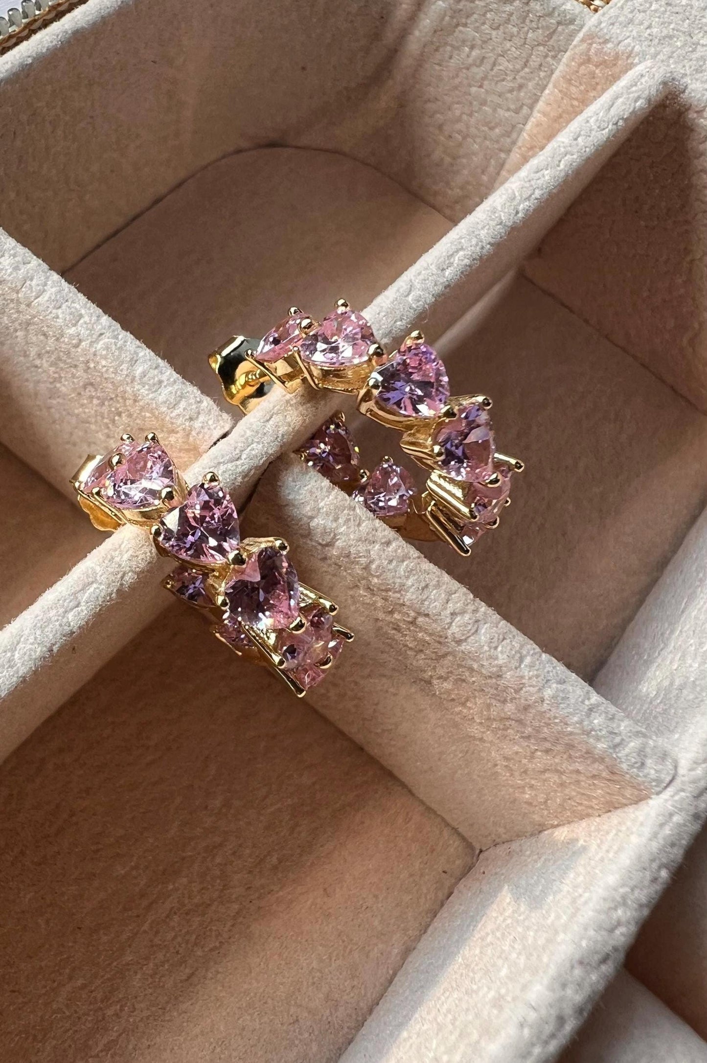 14 K gold plated Pink Heart Cubic Zirconia Hoop Earrings,tiny gold hoop earrings,dainty push back small huggies,romantic gift Trendy jewelry