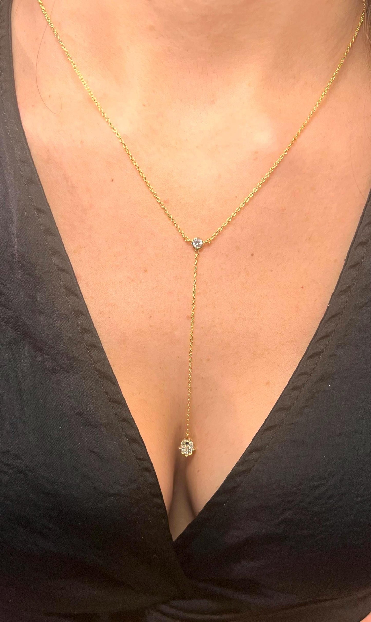 14K Gold-Plated Hamsa Lariat Necklace with Cubic Zirconia