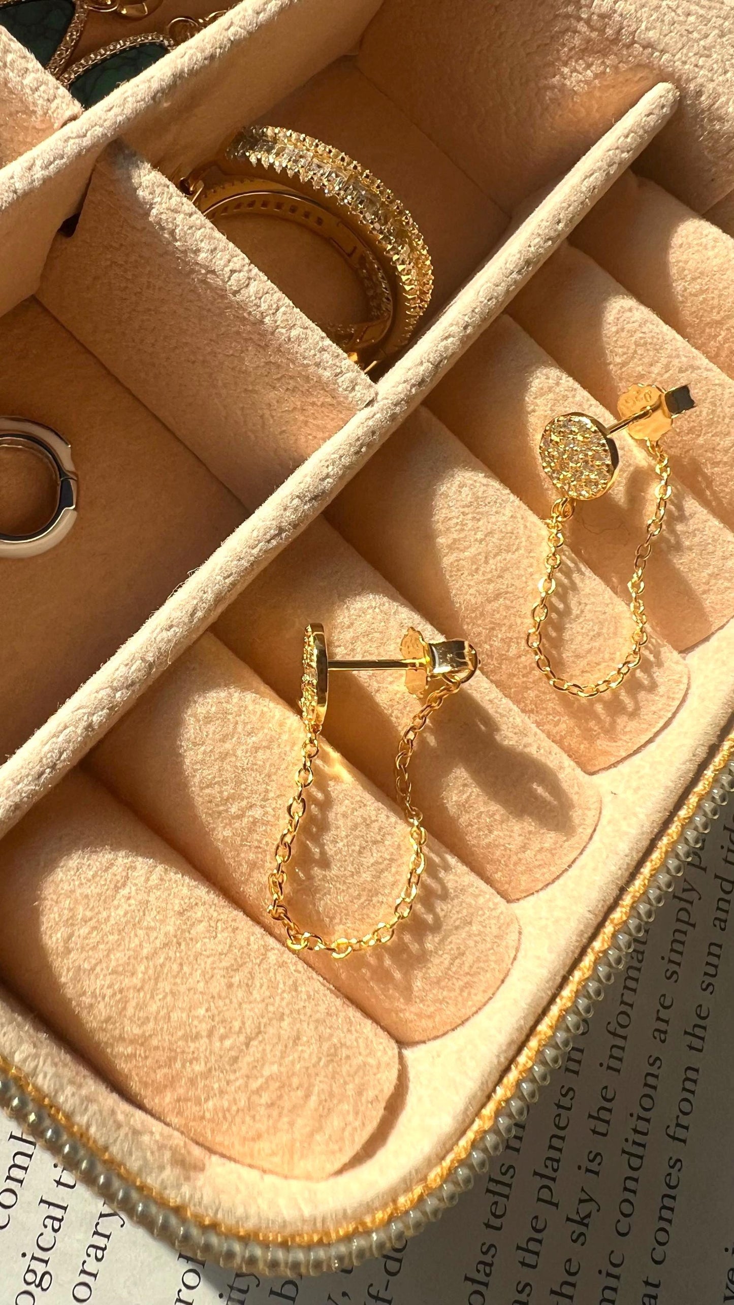 Gold Plated Chain Dangle Earrings: CZ Circle Studs
