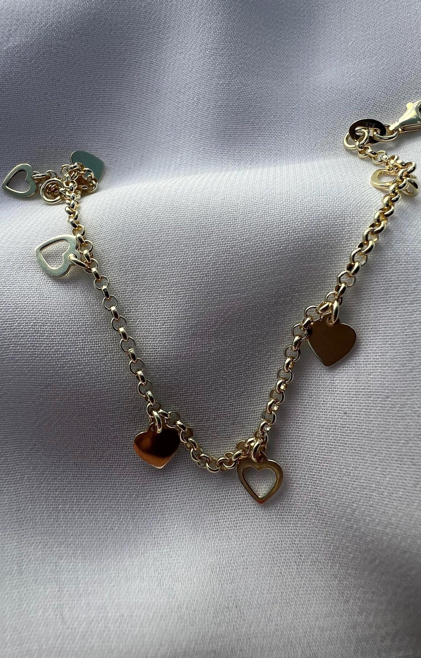 14K Gold Plated Heart Charm Bracelet: Dainty Rolo Link Jewelry