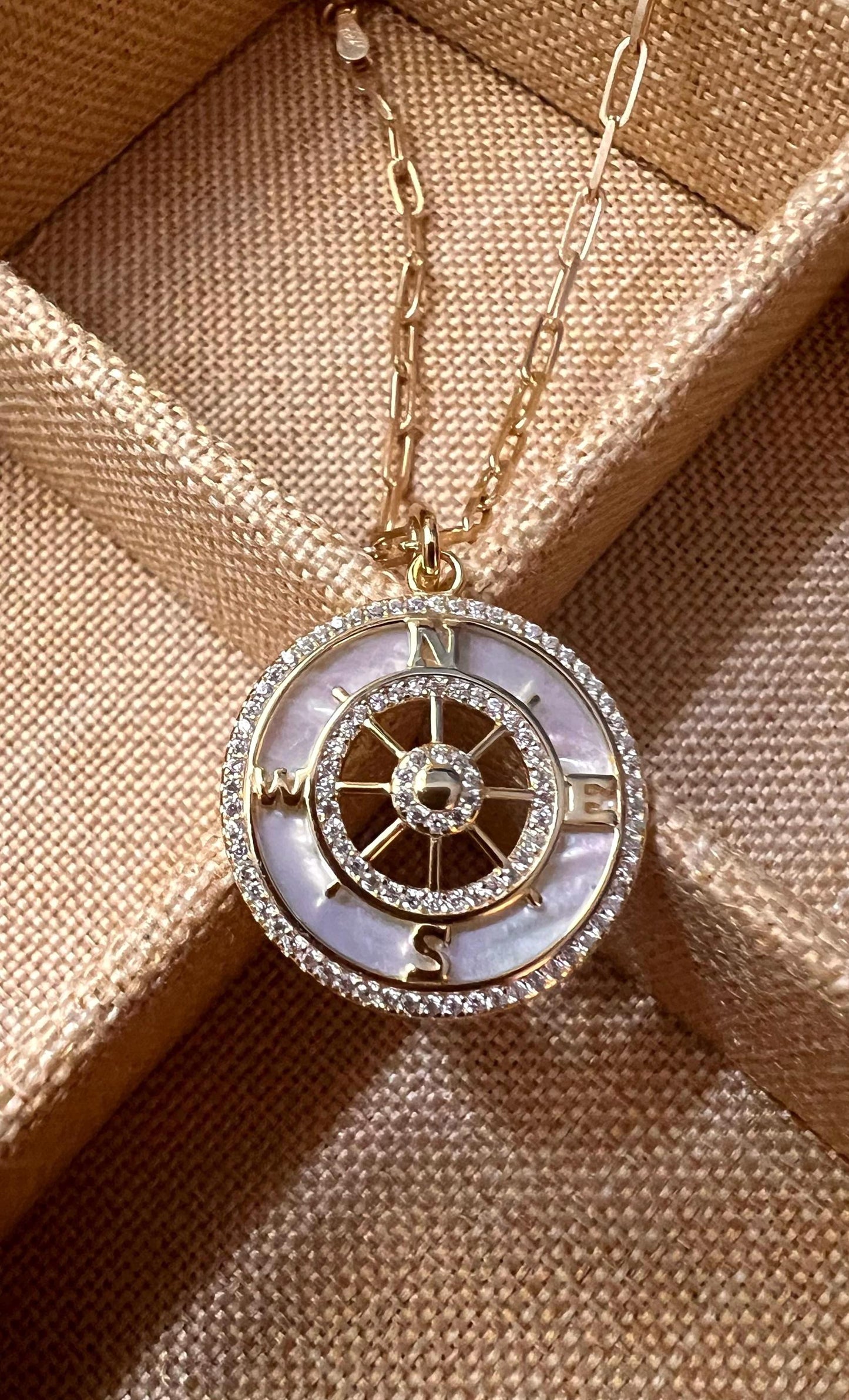 Gold Compass Necklace: Mother of Pearl Pendant, Cubic Zirconia