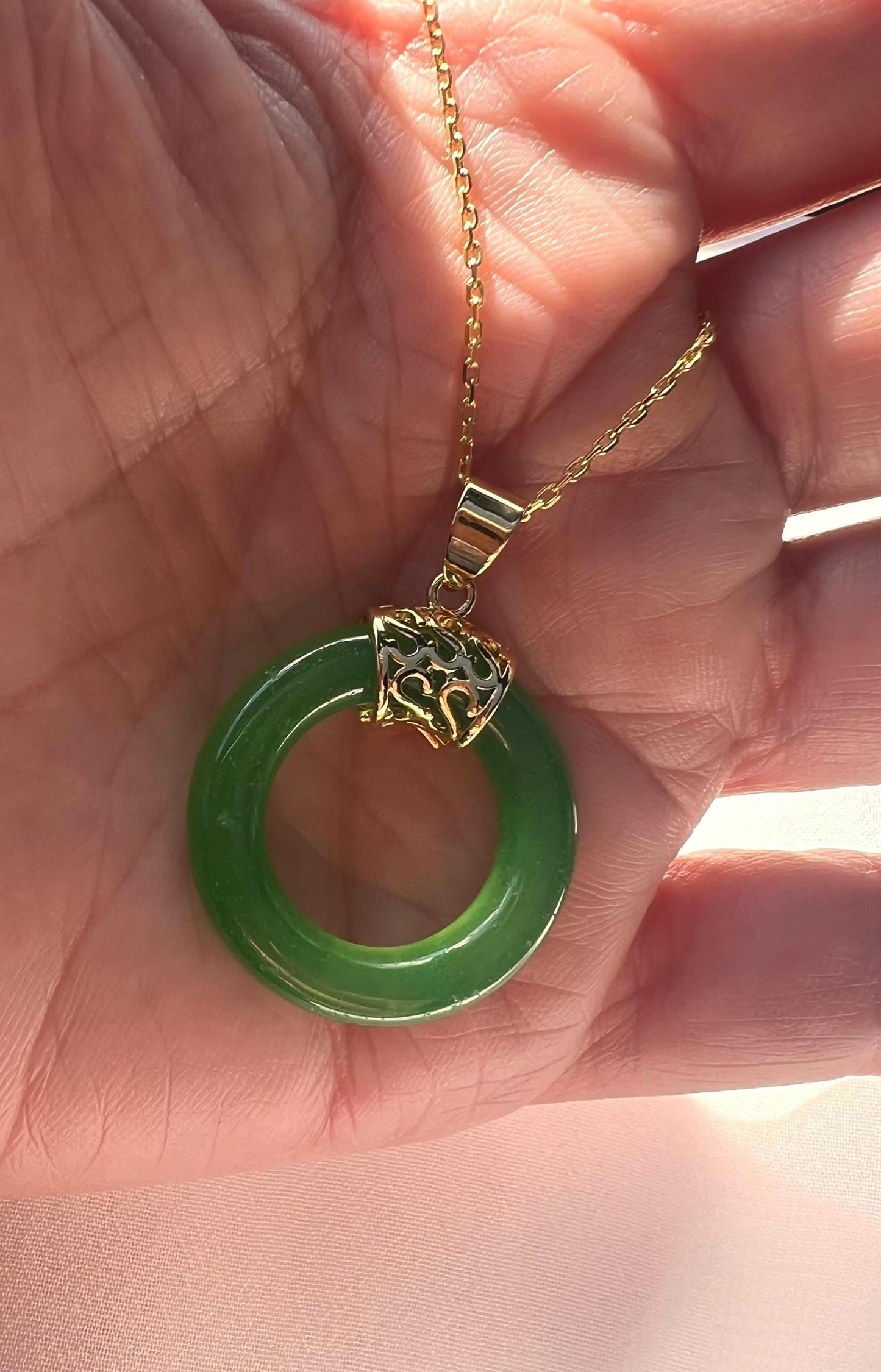 Jade Donut Pendant Necklace: 14K Gold-Plated Chain, 18 inch