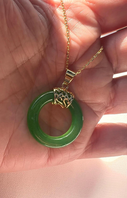 Jade Donut Pendant Necklace: 14K Gold-Plated Chain, 18 inch