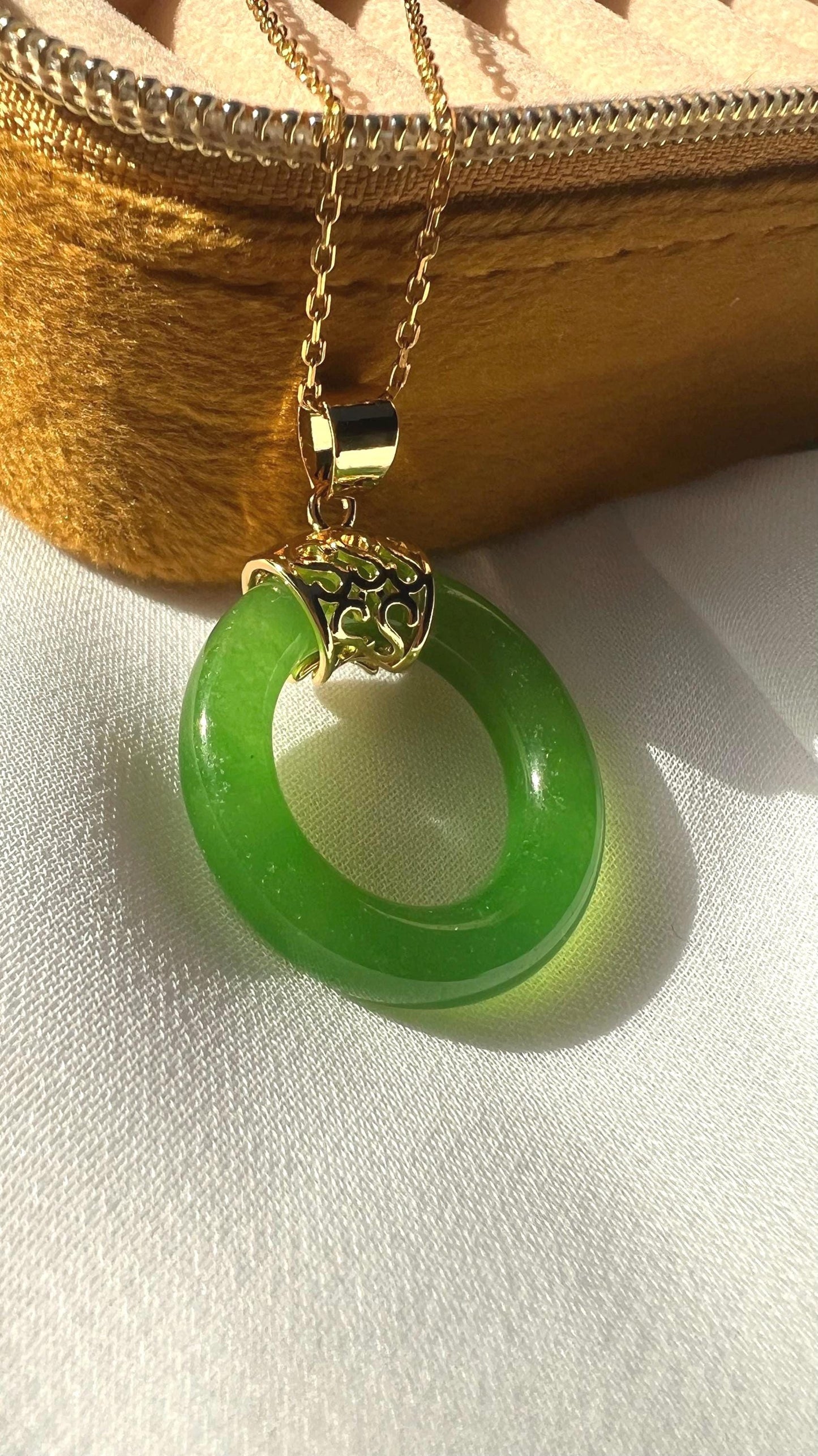 Jade Donut Pendant Necklace: 14K Gold-Plated Chain, 18 inch