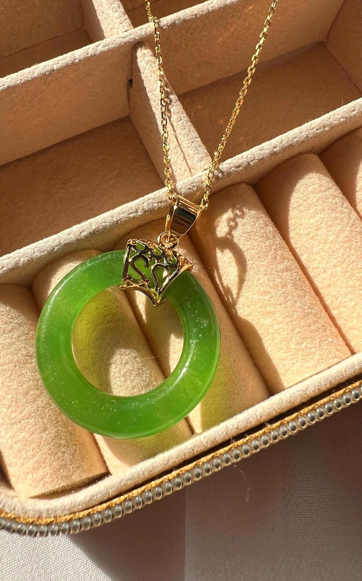 Jade Donut Pendant Necklace: 14K Gold-Plated Chain, 18 inch