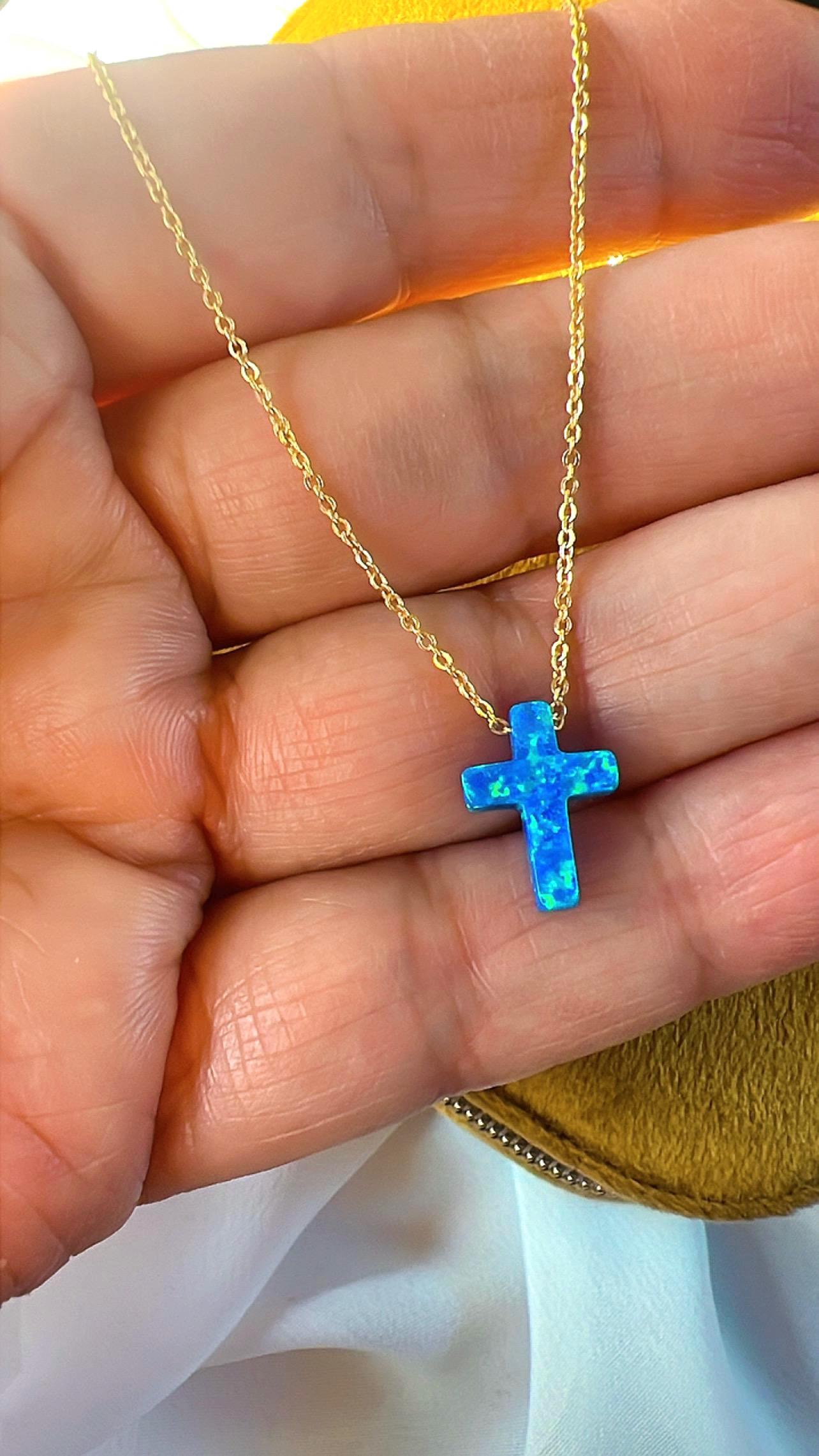 Blue Opal Cross Necklace: Gold Plated Sterling Silver, Dainty Charm