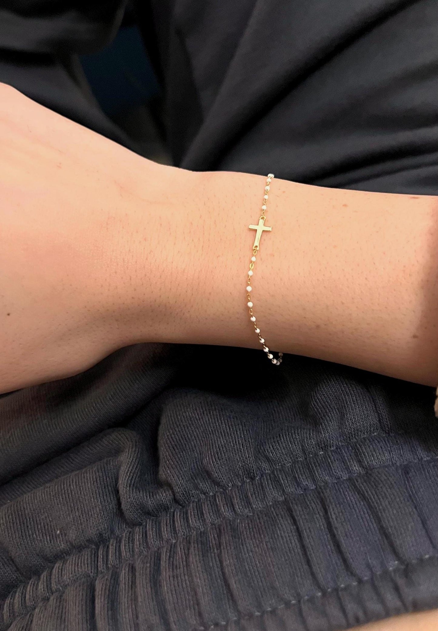 Gold Plated Beaded Cross Bracelet: Dainty Religious Jewelry