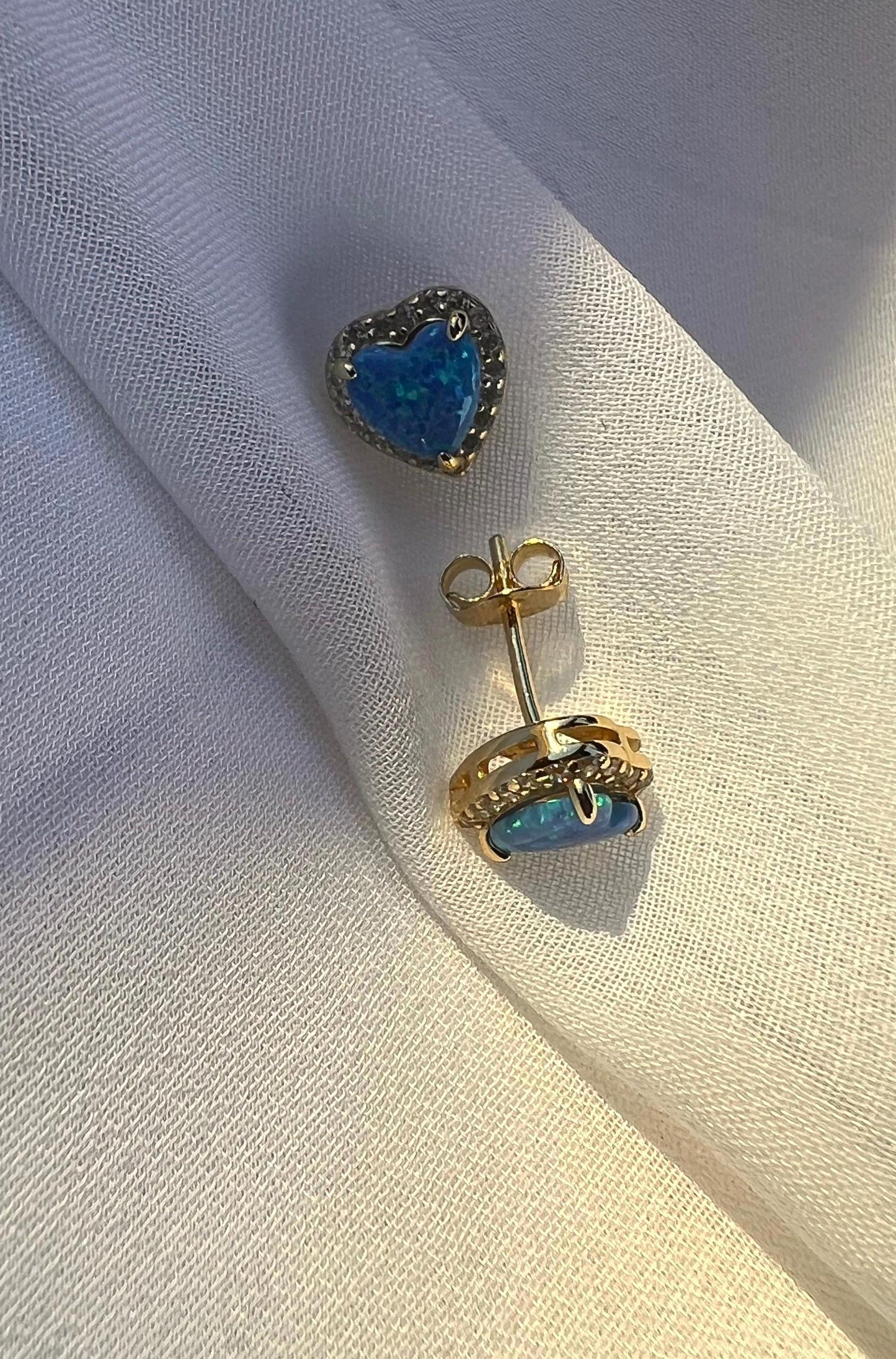 14K Gold Plated Blue Opal Heart Stud Earrings