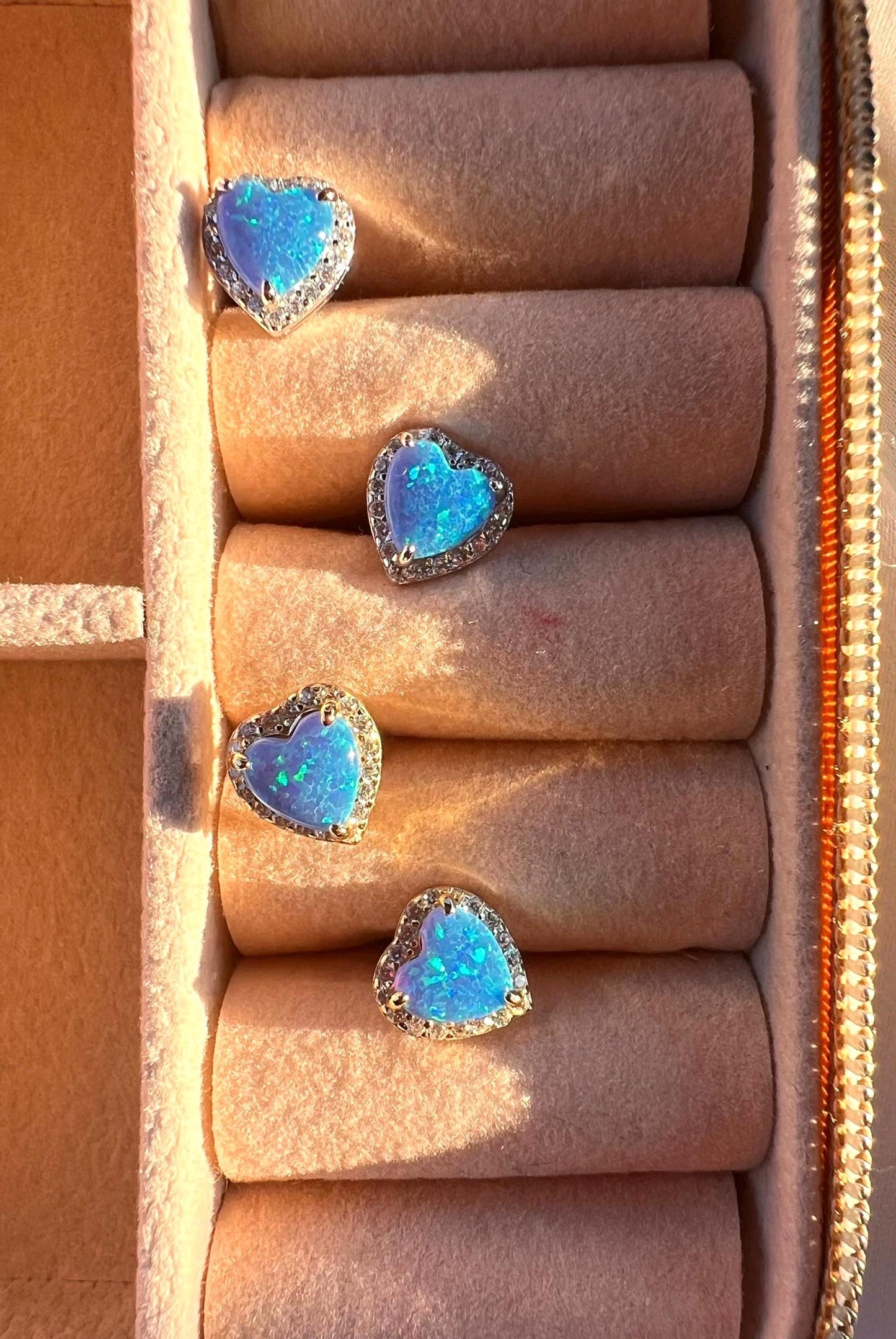 14K Gold Plated Blue Opal Heart Stud Earrings