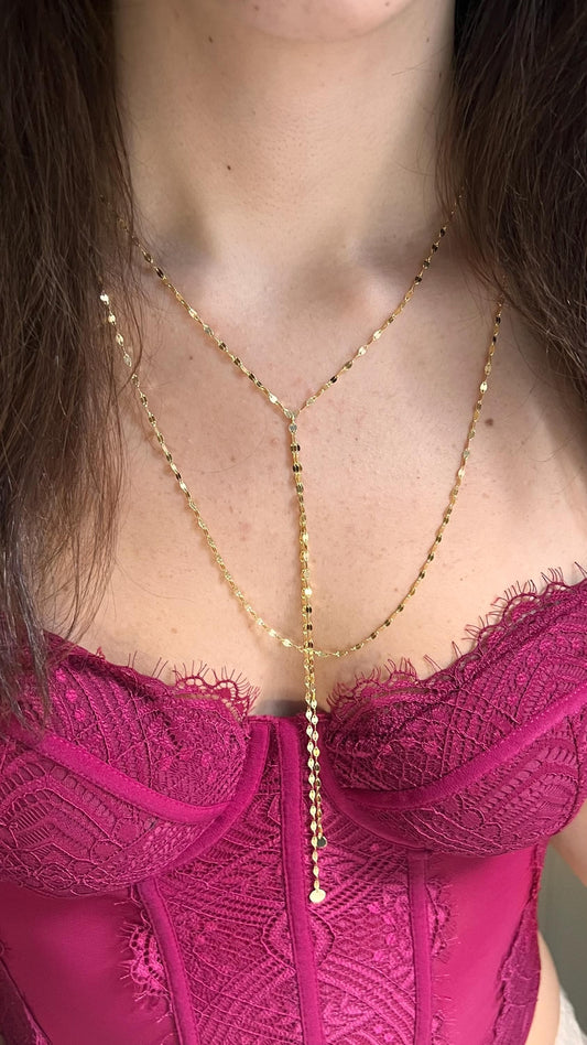 14K Gold Plated Lariat Necklace: Double Strand Y Drop Chain