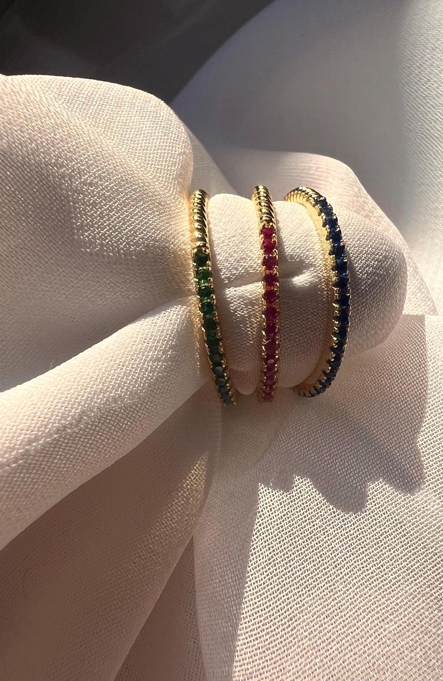 14K Gold Plated Gemstone Eternity Ring: Stackable Thin Band