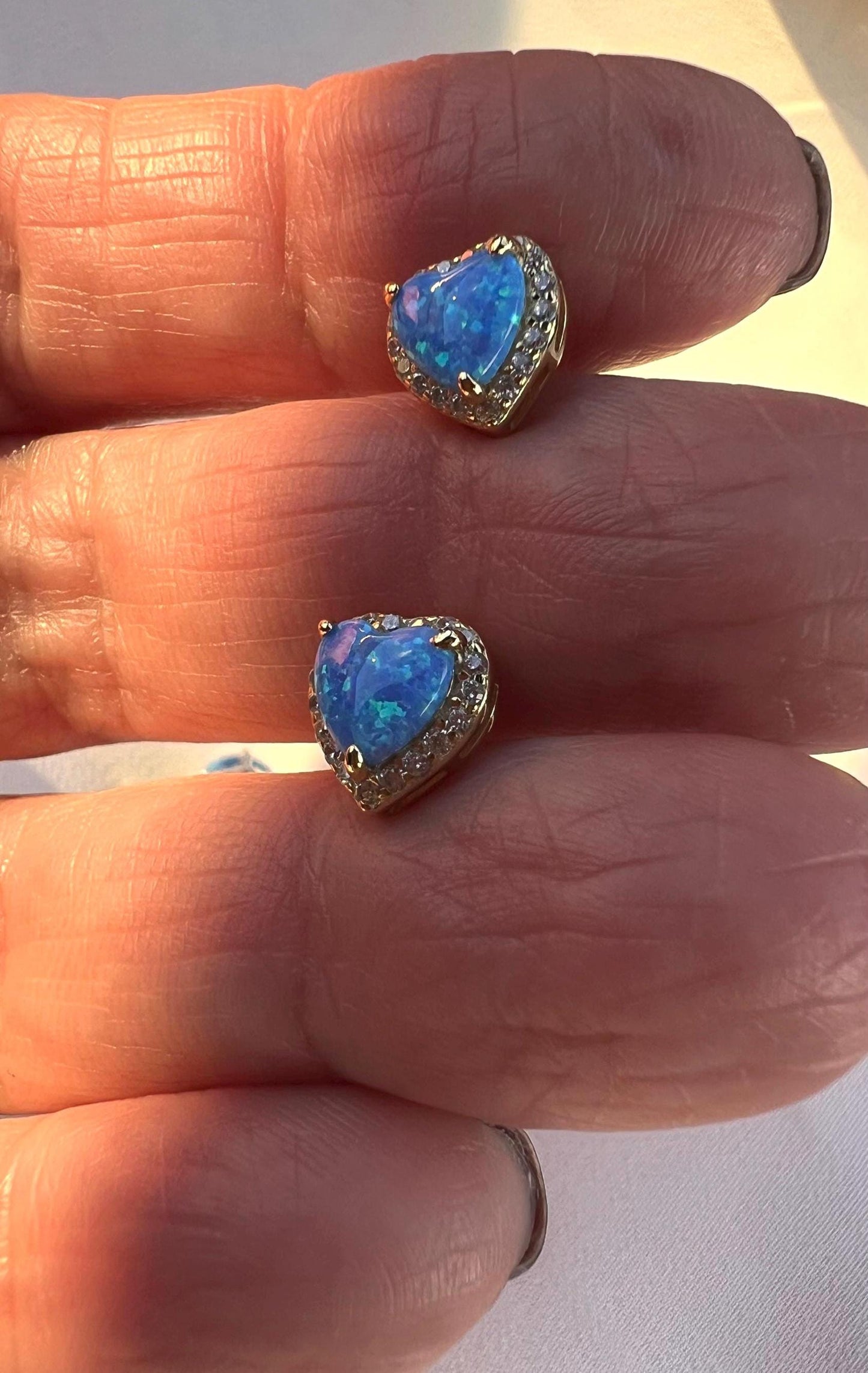 14K Gold Plated Blue Opal Heart Stud Earrings