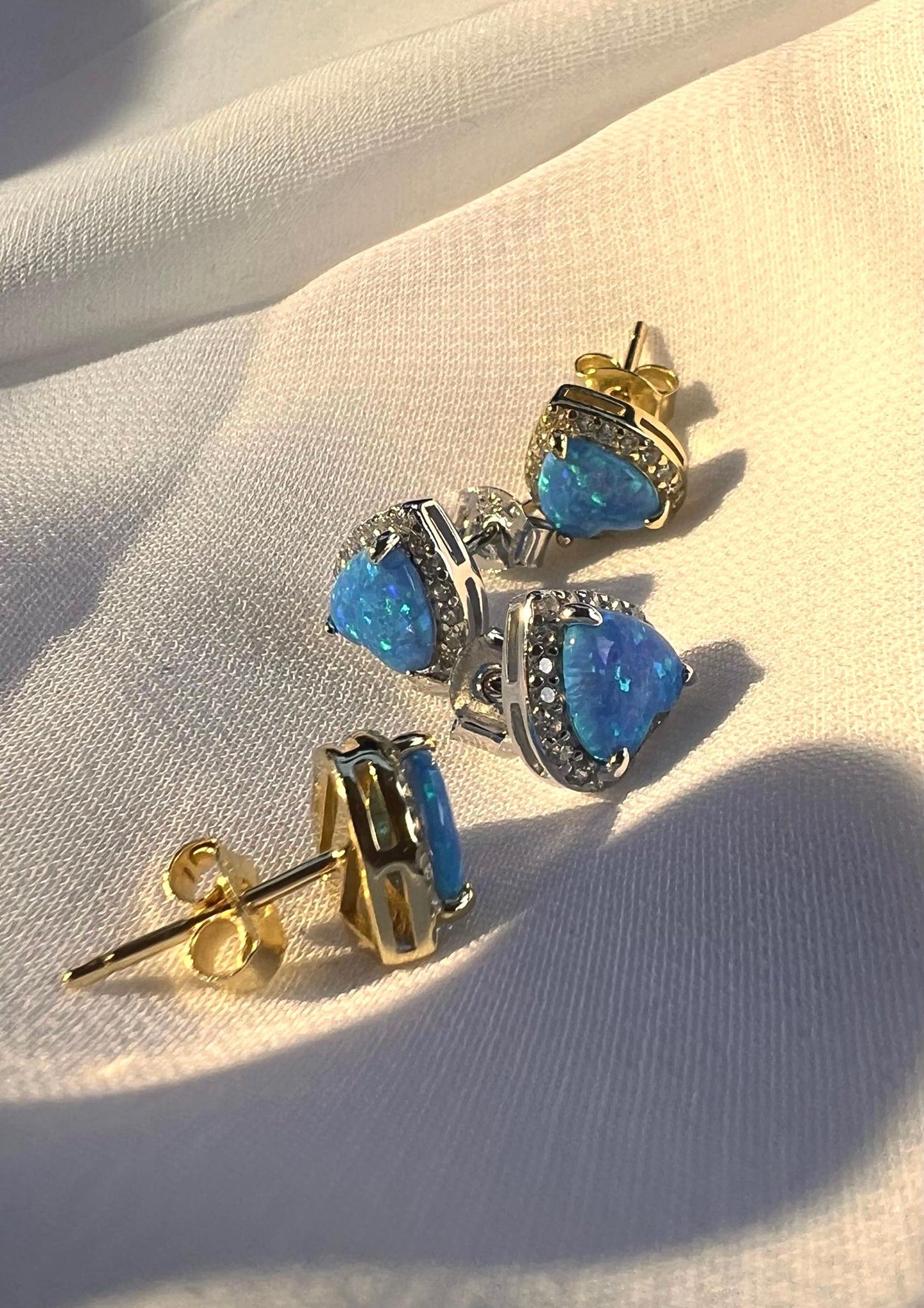 14K Gold Plated Blue Opal Heart Stud Earrings