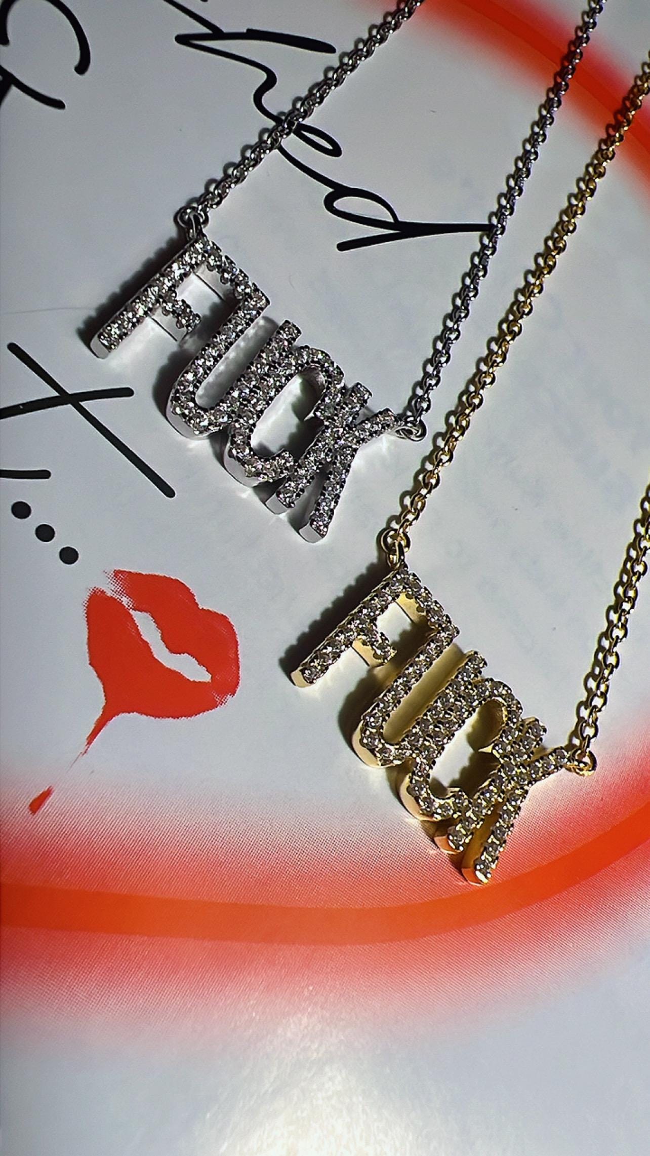 Gold FUCK Necklace: Cubic Zirconia Statement Jewelry,Minimalist Jewelry,Fuck Jewelry,Mature Necklace Funny Gift,Fuck Charm Necklace