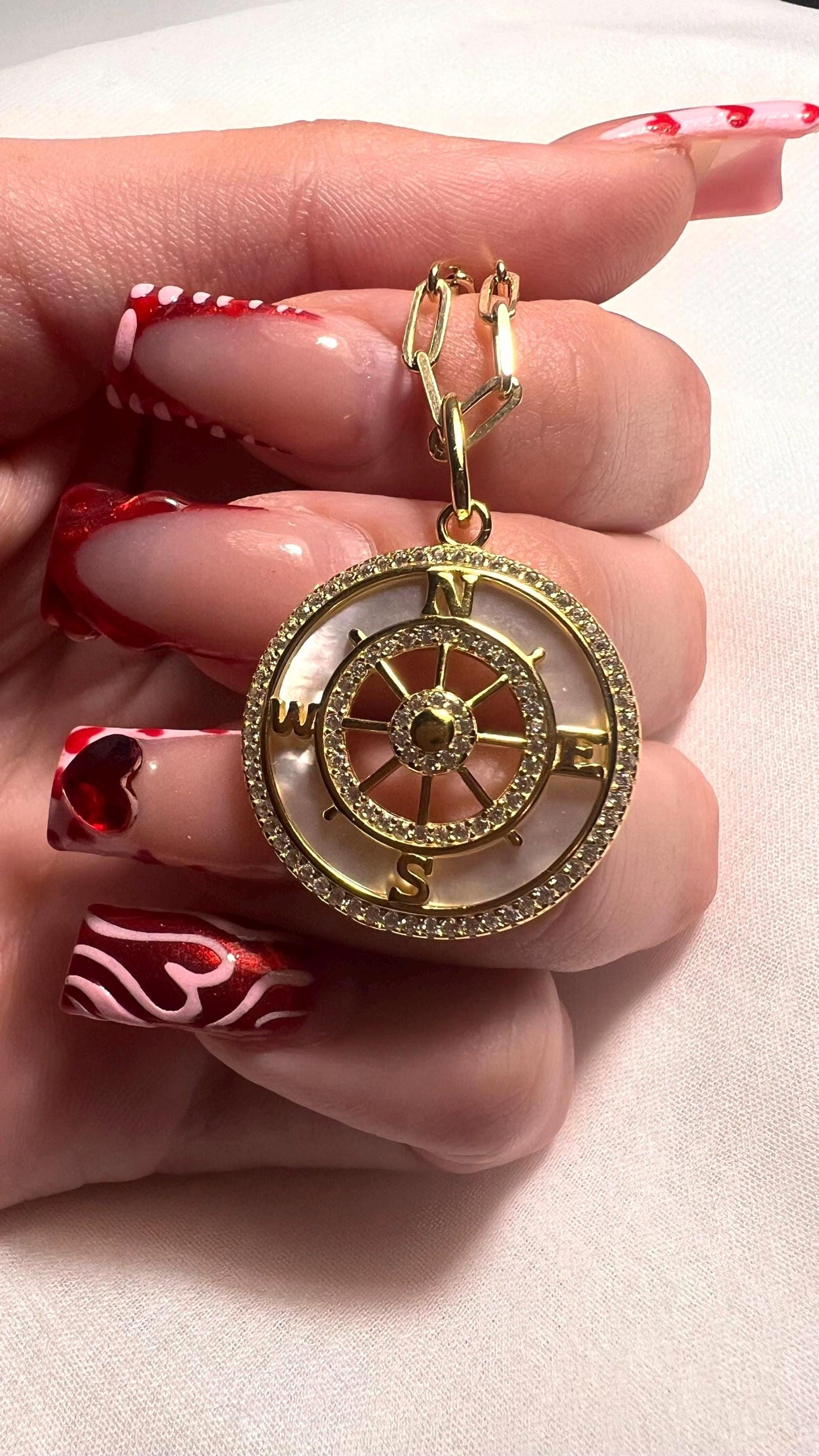 Gold Compass Necklace: Mother of Pearl Pendant, Cubic Zirconia