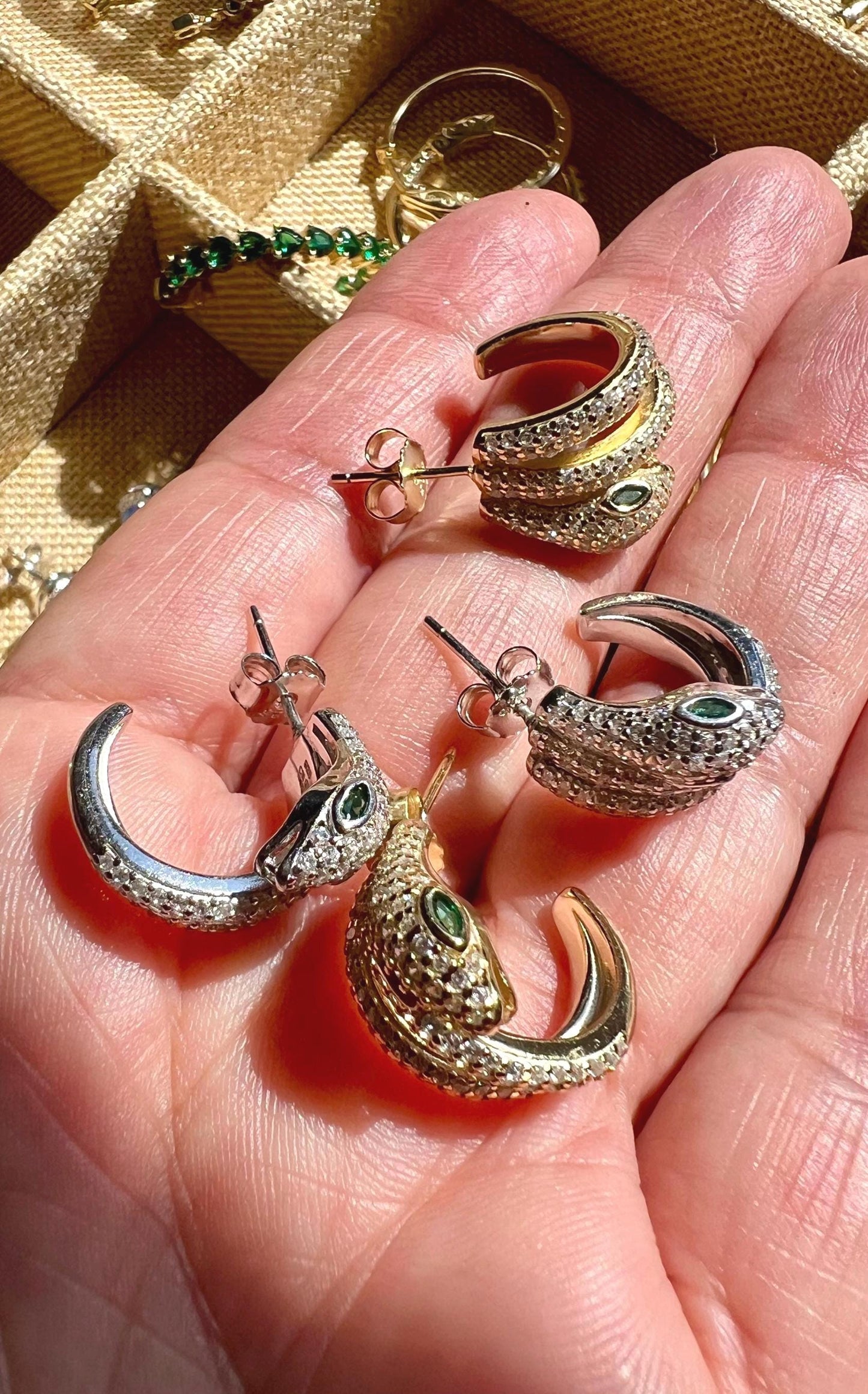 Gold Snake Hoop Earrings: CZ Serpent Earrings