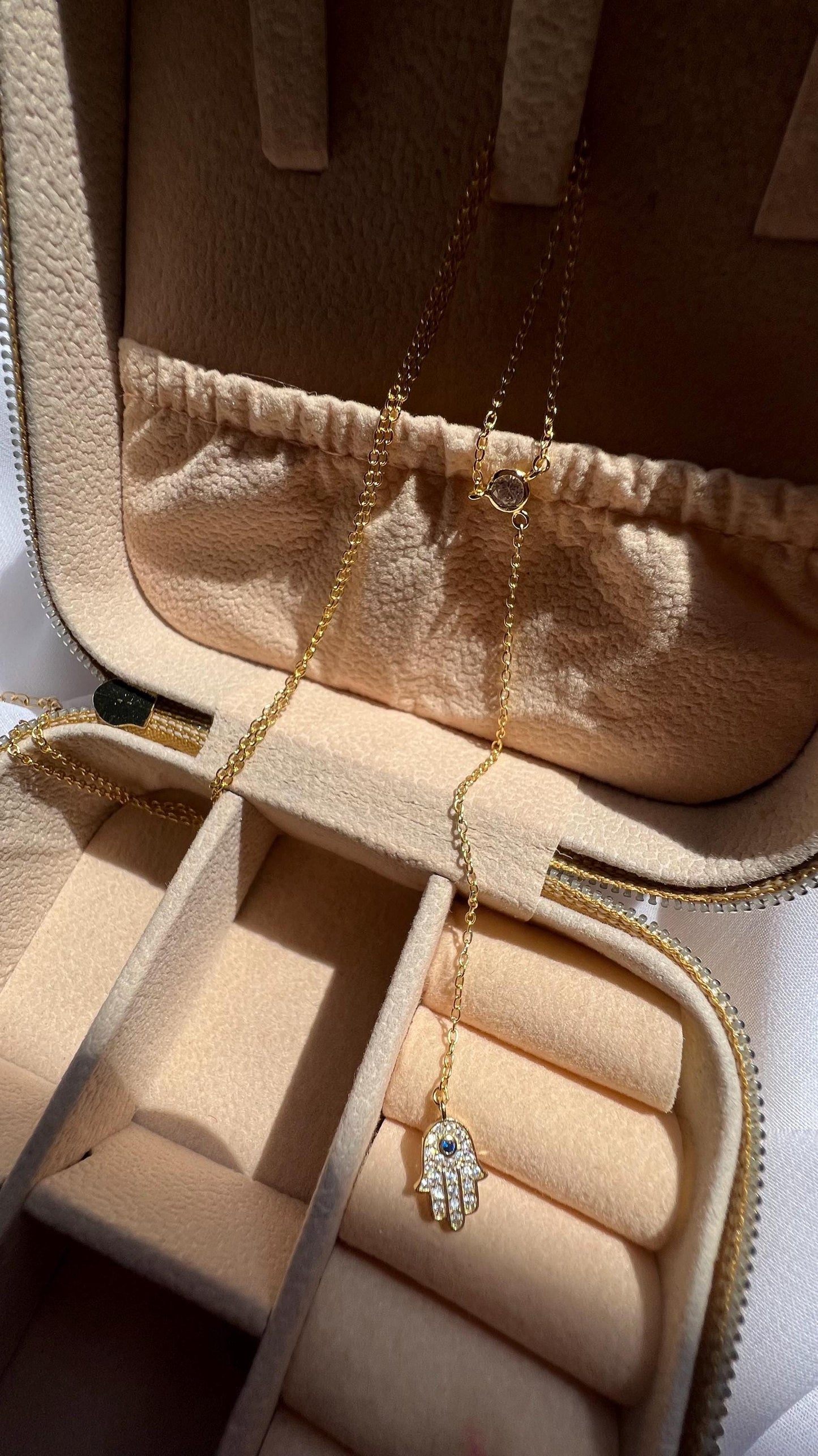 14K Gold-Plated Hamsa Lariat Necklace with Cubic Zirconia