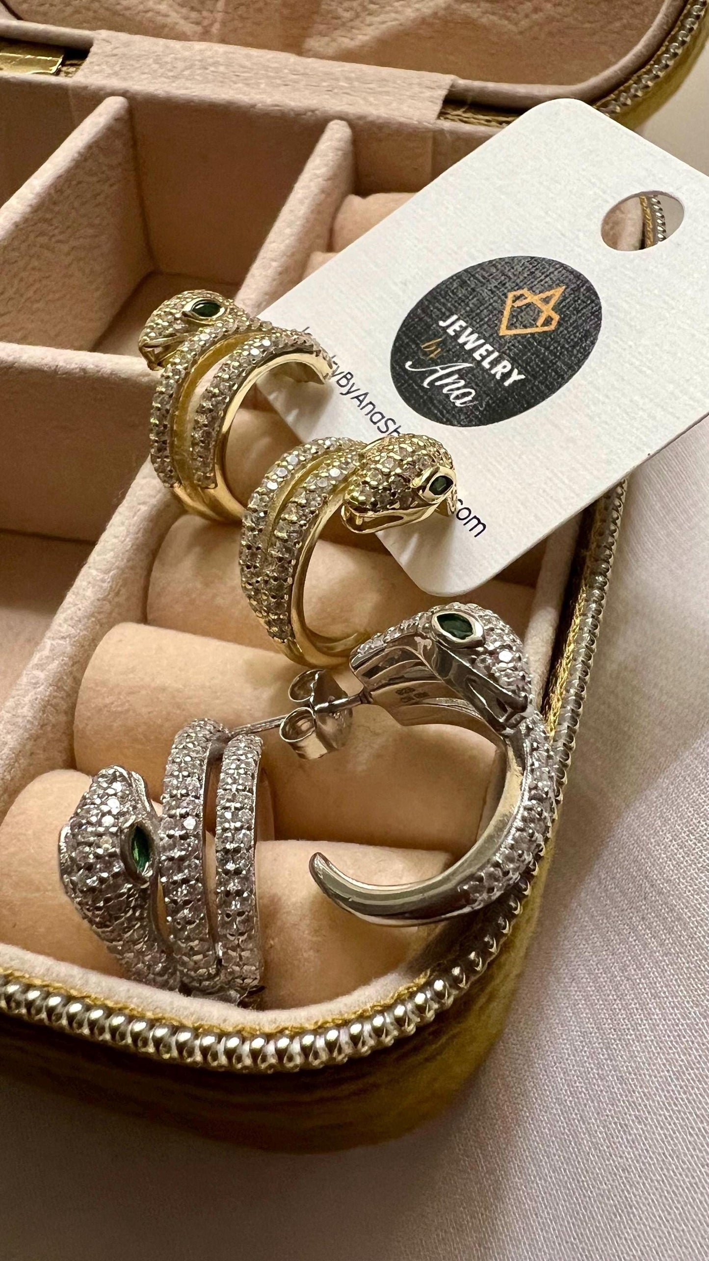 Gold Snake Hoop Earrings: CZ Serpent Earrings