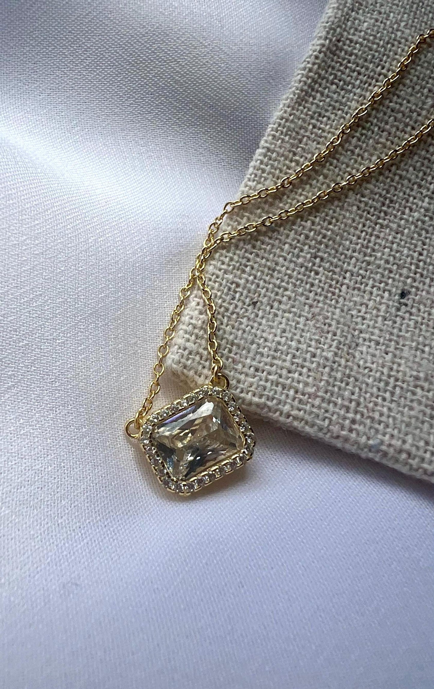 Square CZ Solitaire Necklace: 14KT Gold Plated Sterling Silver