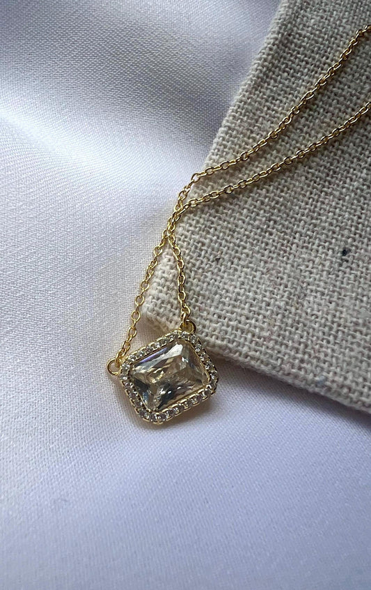 Square CZ Solitaire Necklace: 14KT Gold Plated Sterling Silver