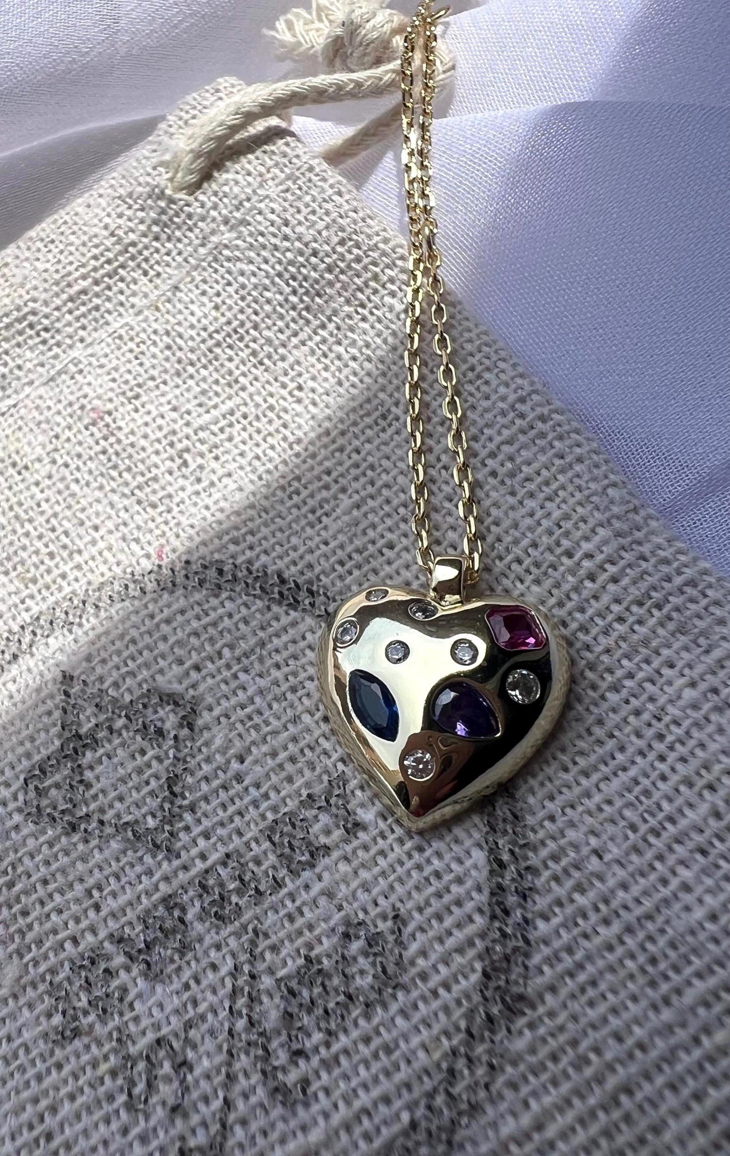 14K Gold-Plated Heart Pendant Necklace: Multicolor CZ Gemstone heart pendant,Rainbow Pendant Necklace,Mosaic Heart Pendant,CZ jewelry