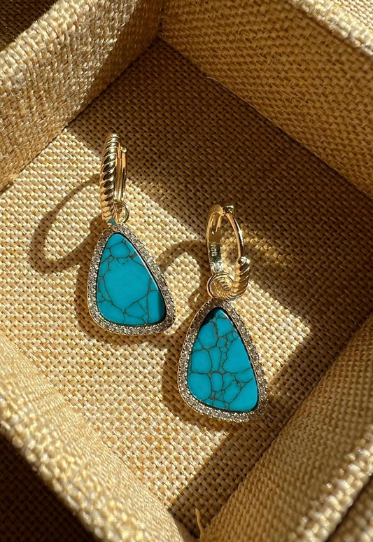 Gold Plated Turquoise Dangle Earrings with Cubic Zirconia