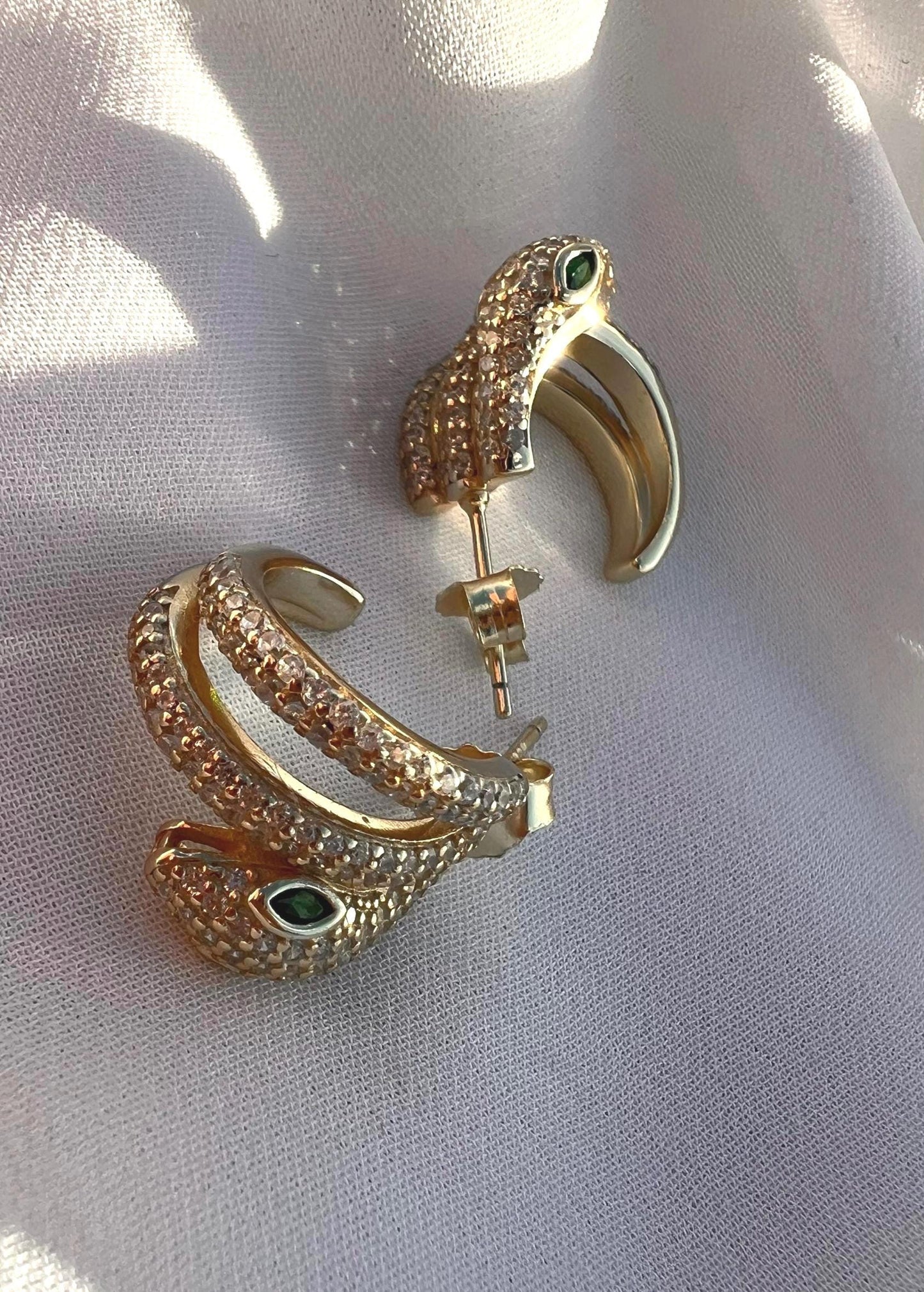 Gold Snake Hoop Earrings: CZ Serpent Earrings