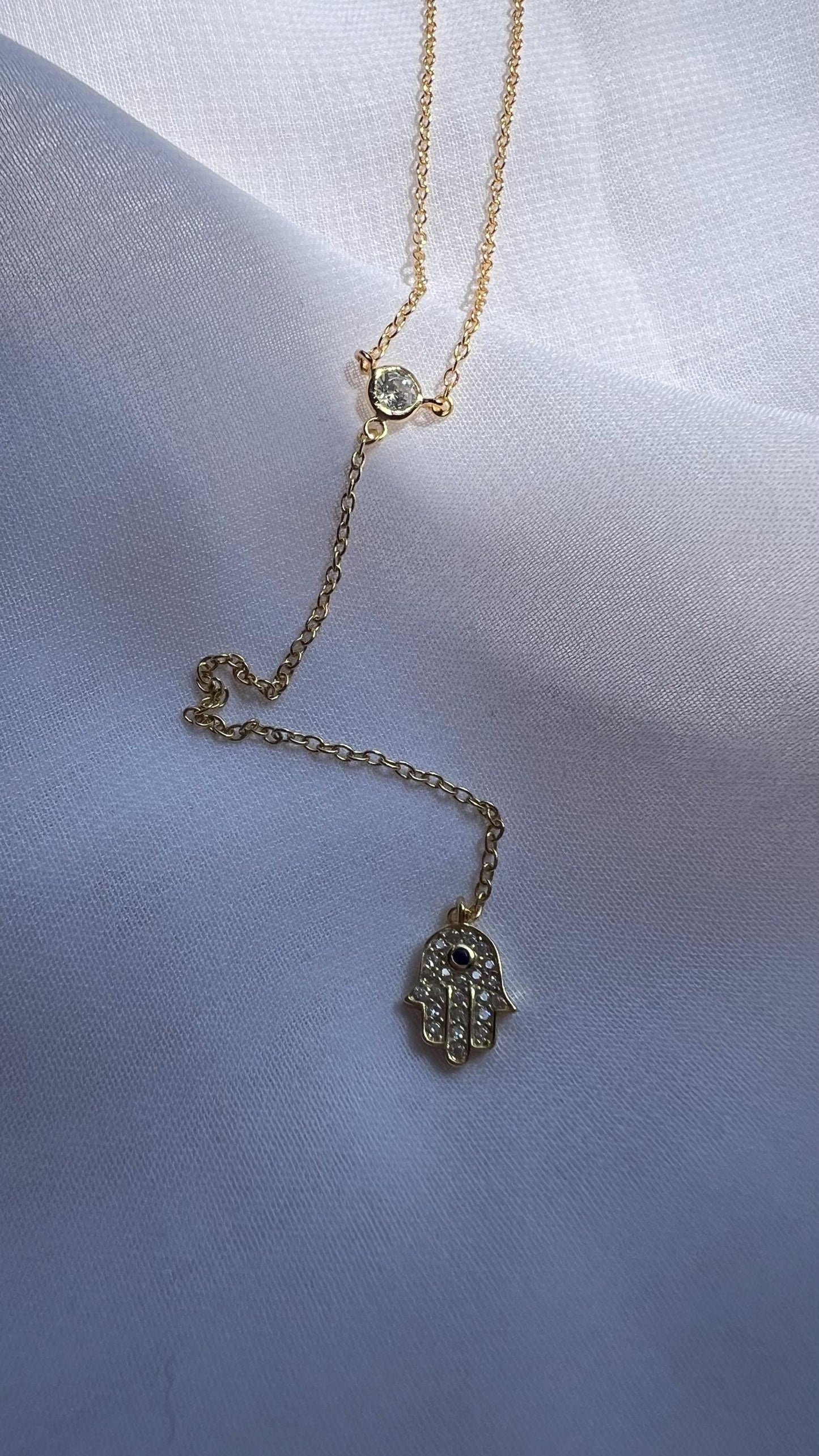 14K Gold-Plated Hamsa Lariat Necklace with Cubic Zirconia