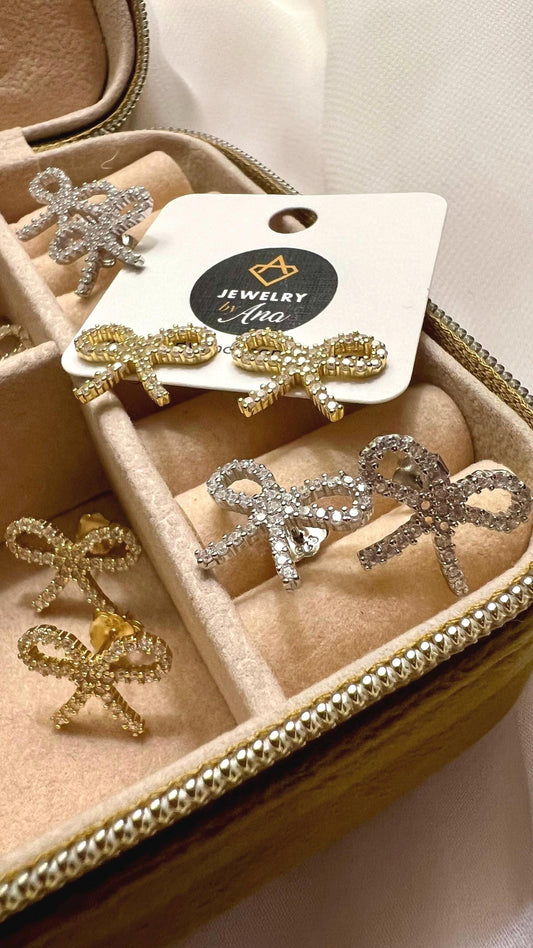 Gold Bow Stud Earrings: Cubic Zirconia Bridal Jewelry