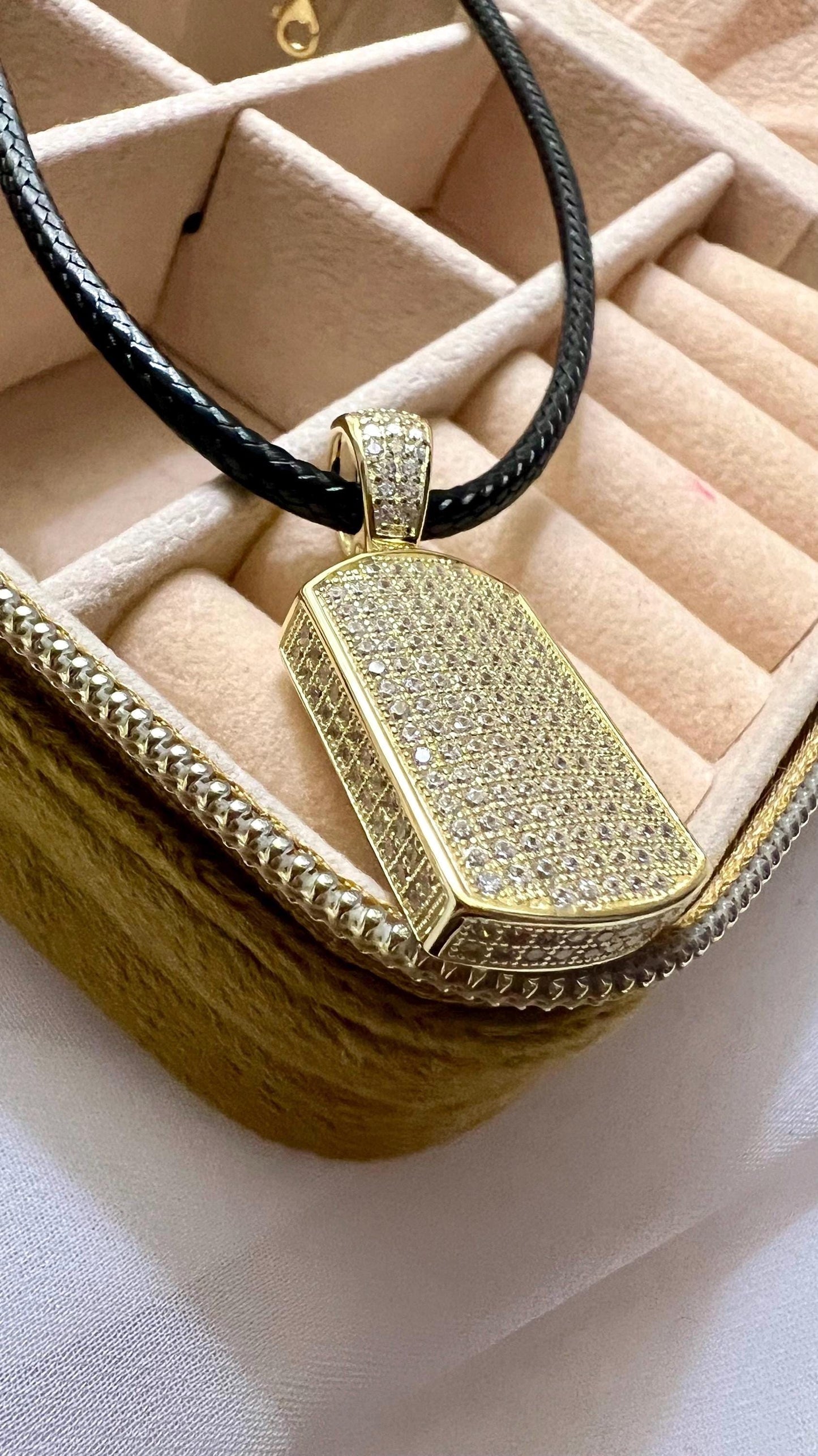 Leather Choker, 14K Gold Plated Dog Tag Pendant, Cubic Zirconia jewelry,Tag Jewelry,Pave Cubic Zirconia Silver Necklace