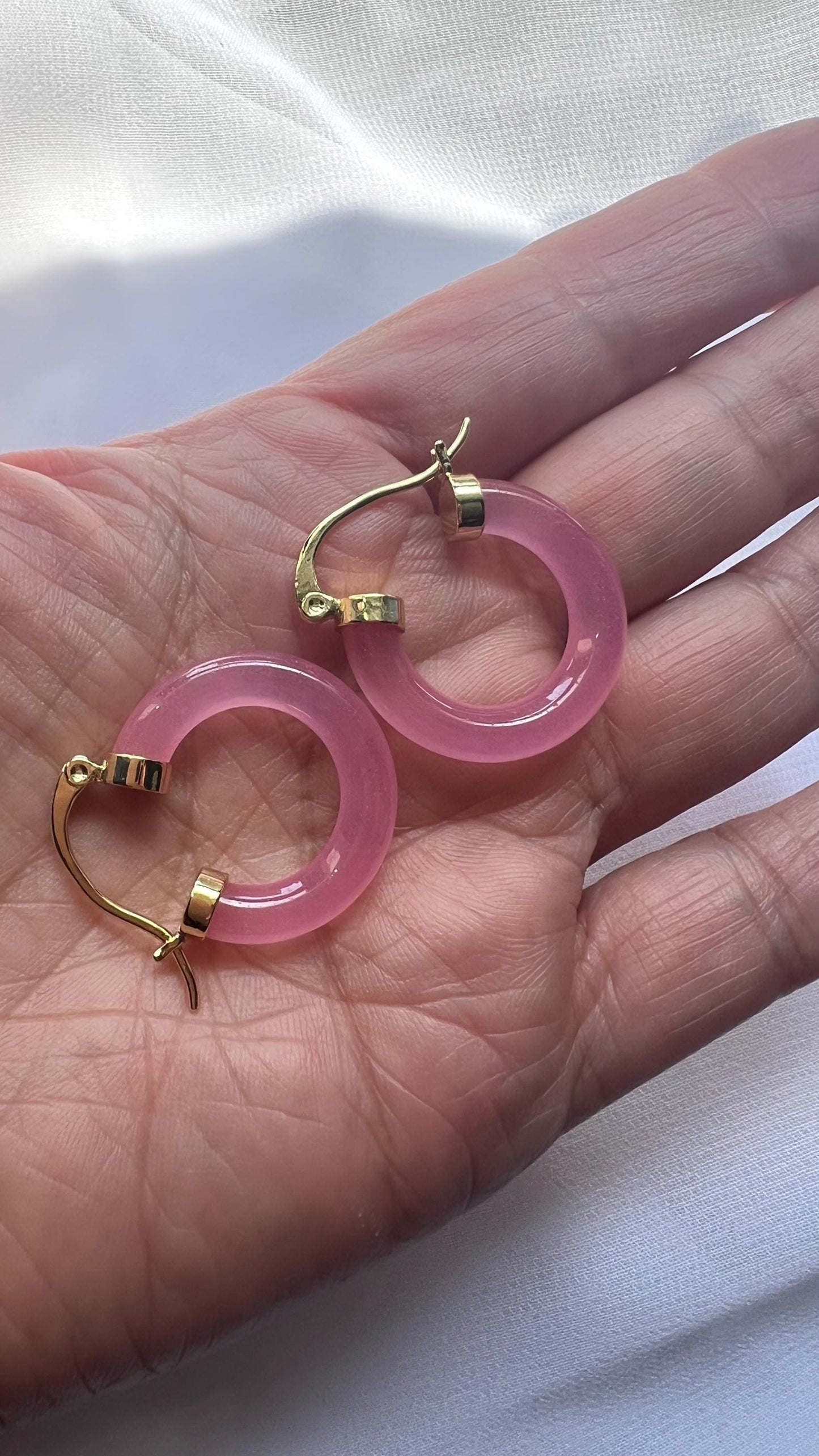 Gold Filled Pink Jade Hoop Earrings: Lightweight Everyday Jewelry