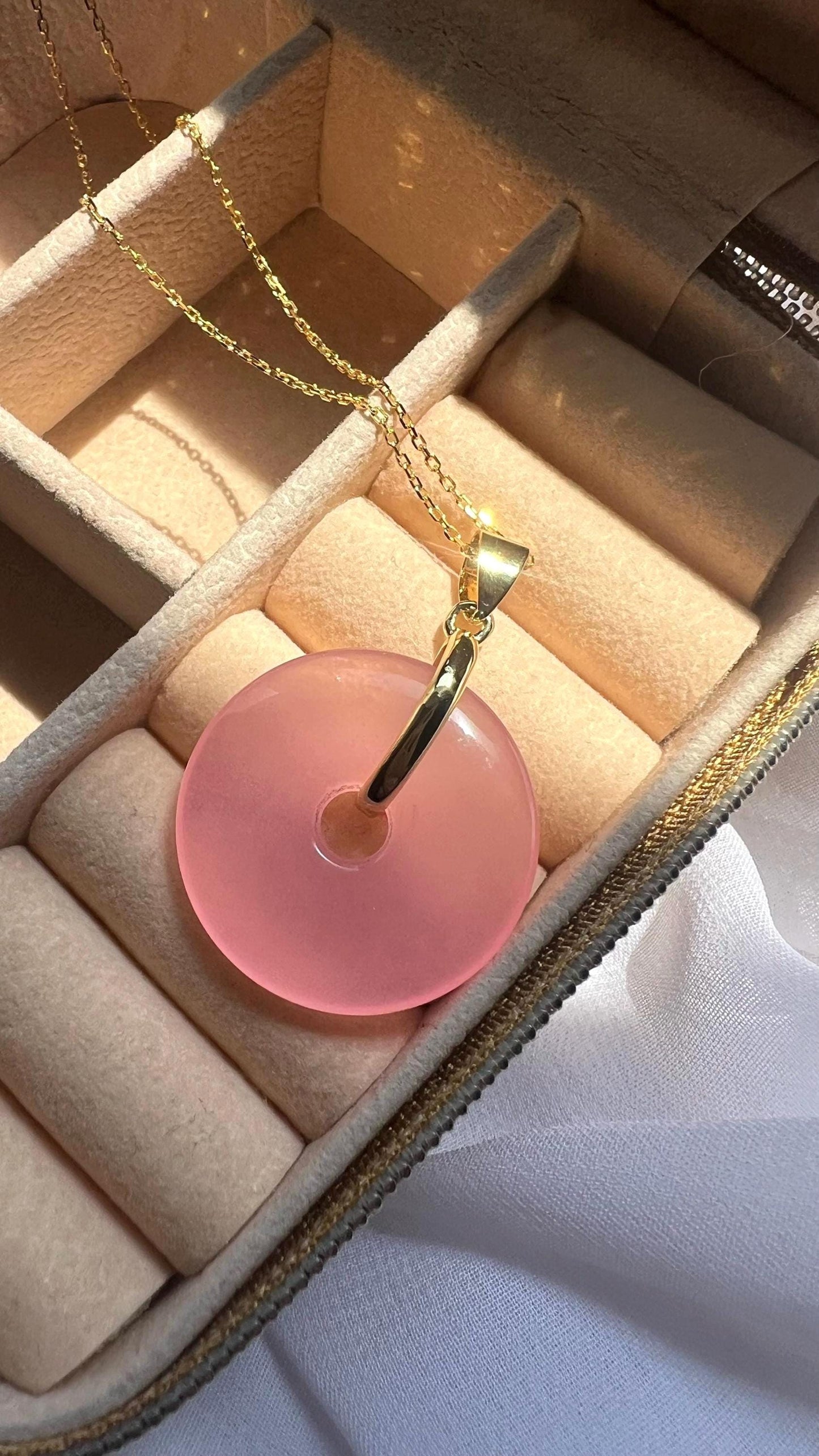 Pink Jade Donut Pendant Necklace: 14K Gold-Plated Chain