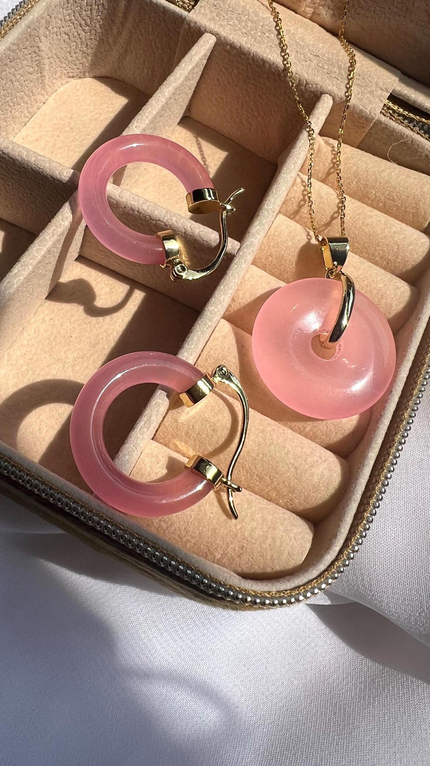 Pink Jade Donut Pendant Necklace: 14K Gold-Plated Chain