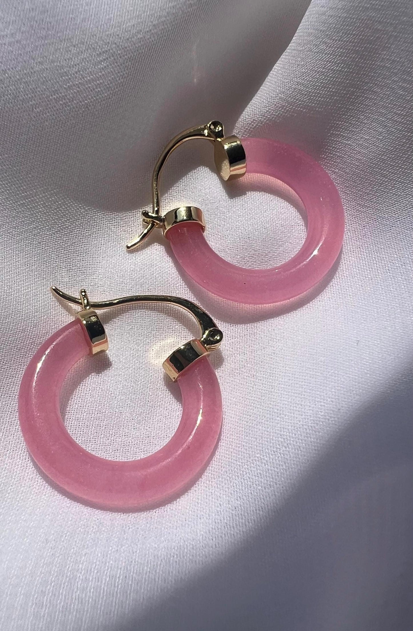 Gold Filled Pink Jade Hoop Earrings: Lightweight Everyday Jewelry