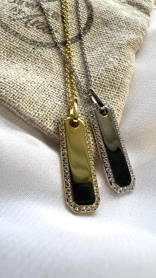 14K Gold Plated Dog Tag Necklace,Dainty CZ Paved Pendant,Gold Bar ztag Necklace,Minimalist Tag Choker,Gold Charm Necklace,gift for her