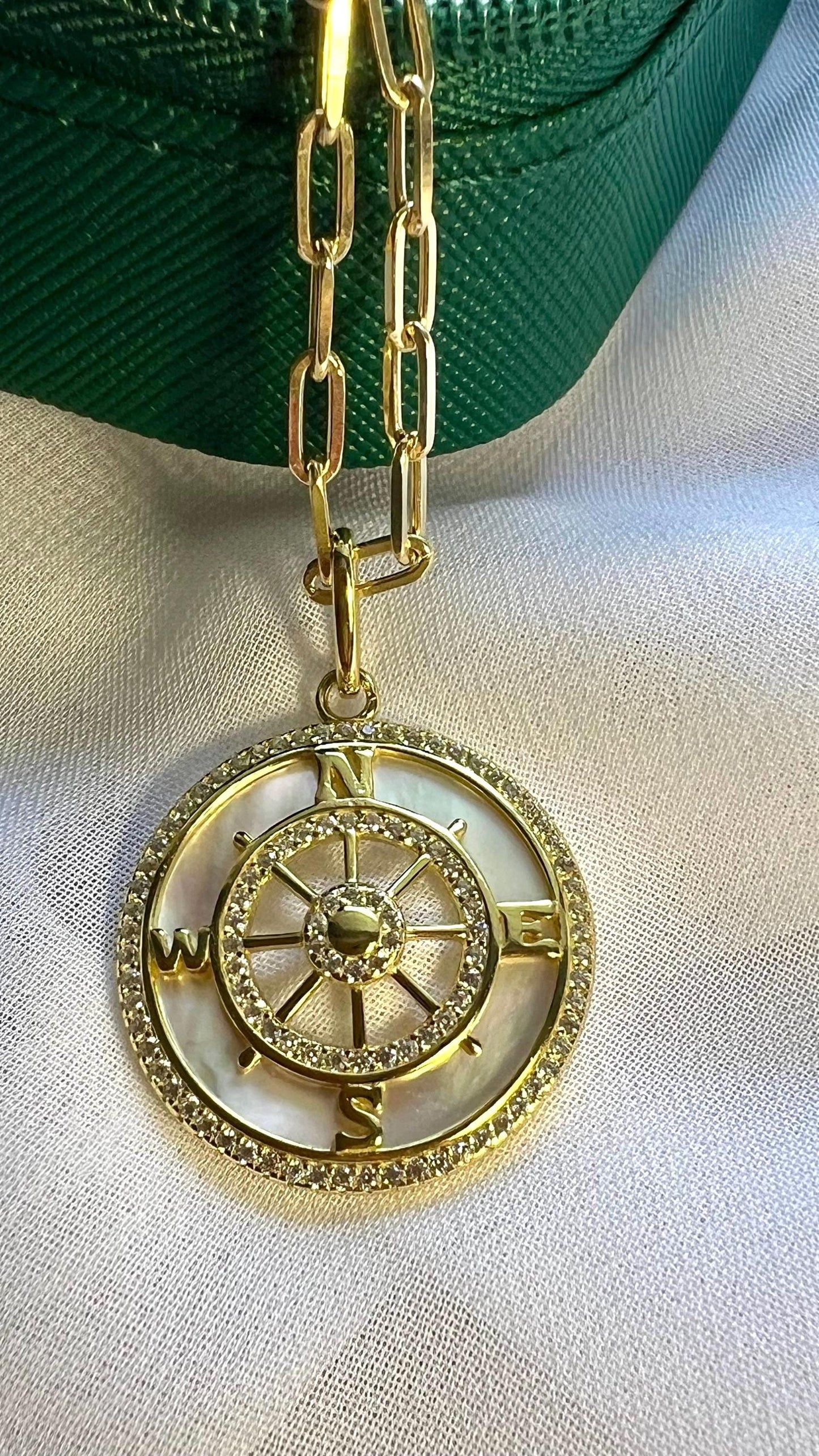 Gold Compass Necklace: Mother of Pearl Pendant, Cubic Zirconia