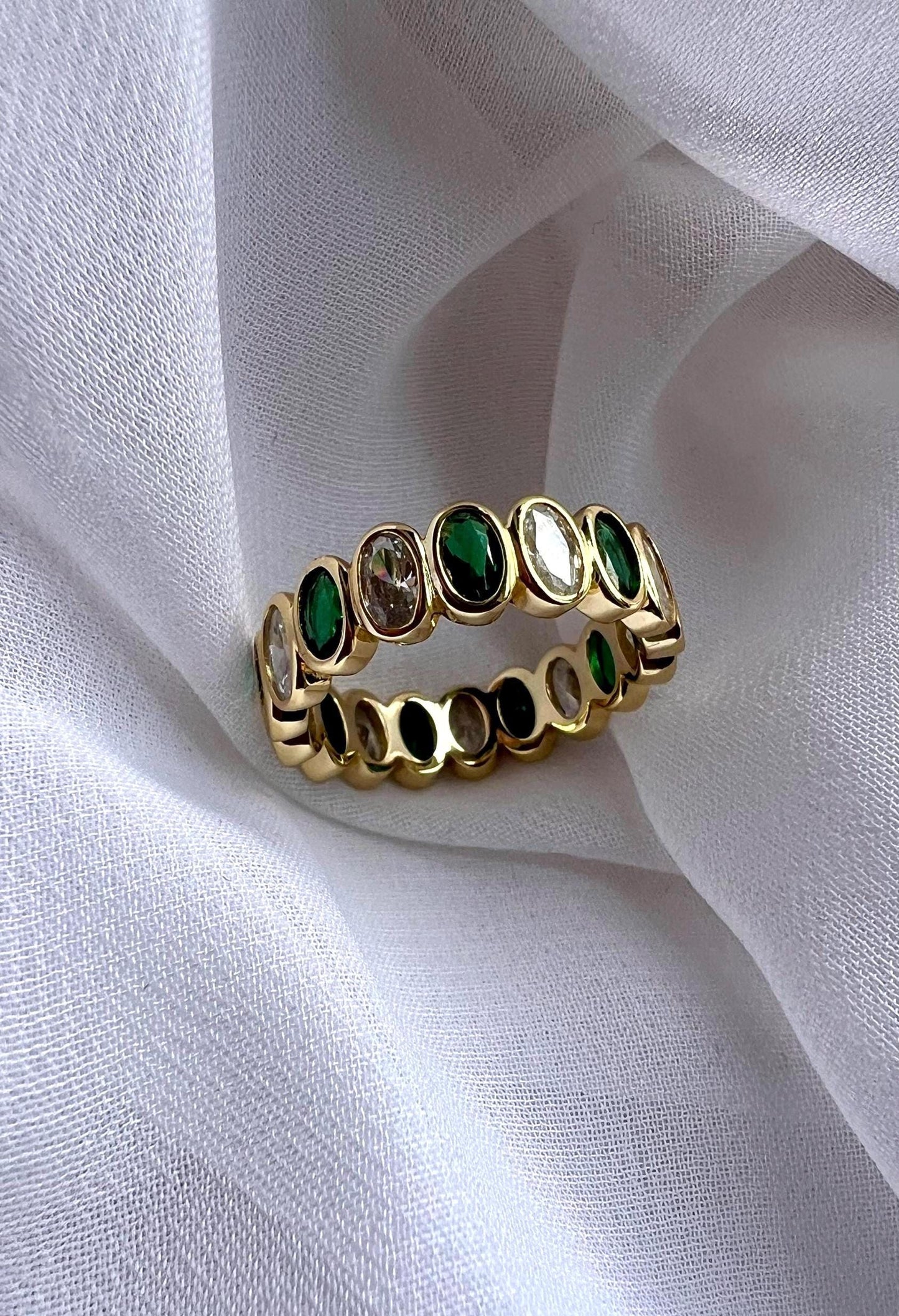 14K Gold Plated Emerald and CZ Eternity Ring,Oval Shape Cut Stacking Ring,Gemstone Band Ring,Gold Eternity Band,Wedding Band,Gold Band