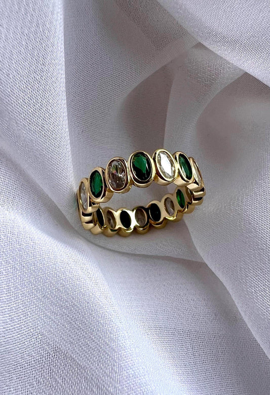 14K Gold Plated Emerald and CZ Eternity Ring,Oval Shape Cut Stacking Ring,Gemstone Band Ring,Gold Eternity Band,Wedding Band,Gold Band