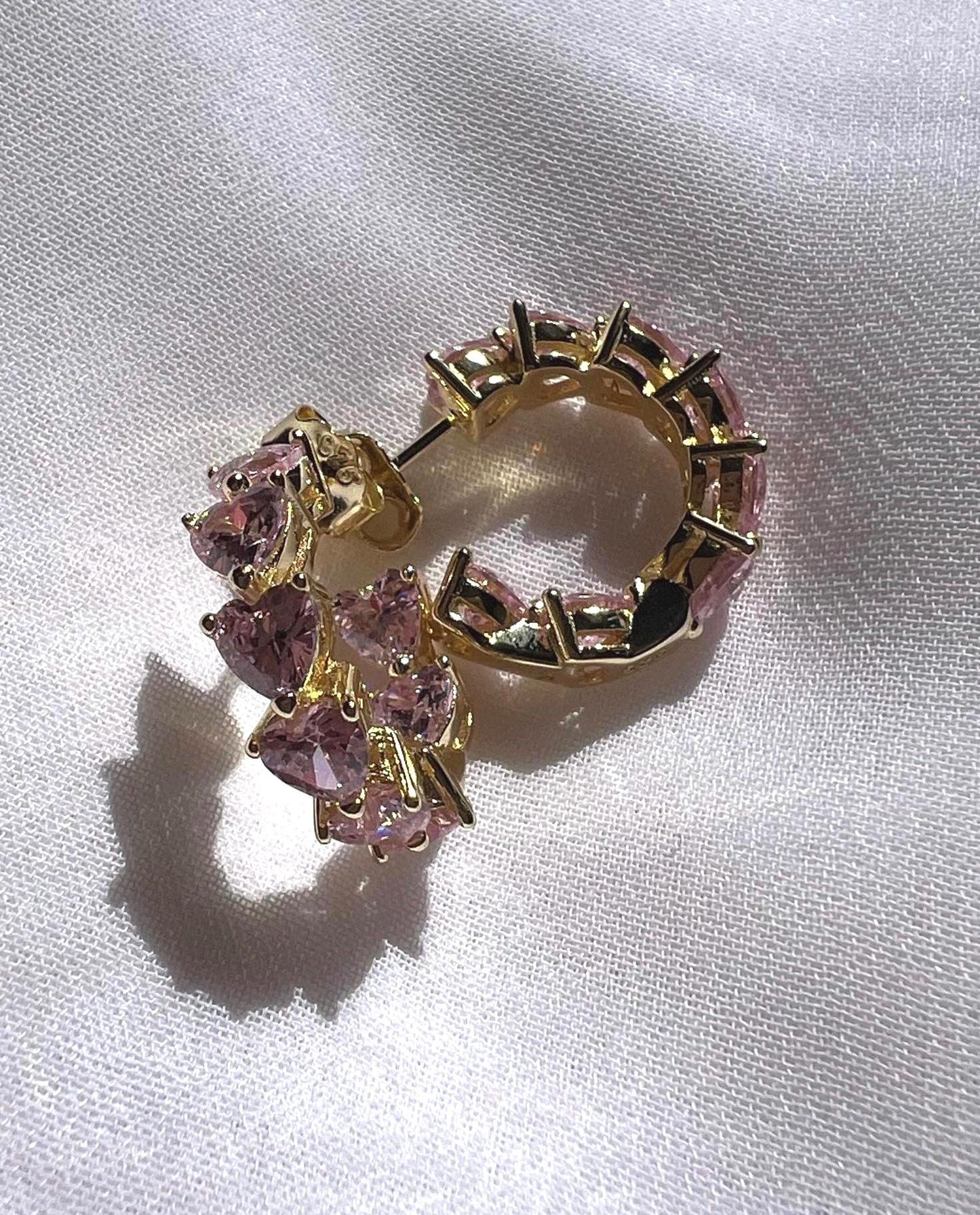 14 K gold plated Pink Heart Cubic Zirconia Hoop Earrings,tiny gold hoop earrings,dainty push back small huggies,romantic gift Trendy jewelry