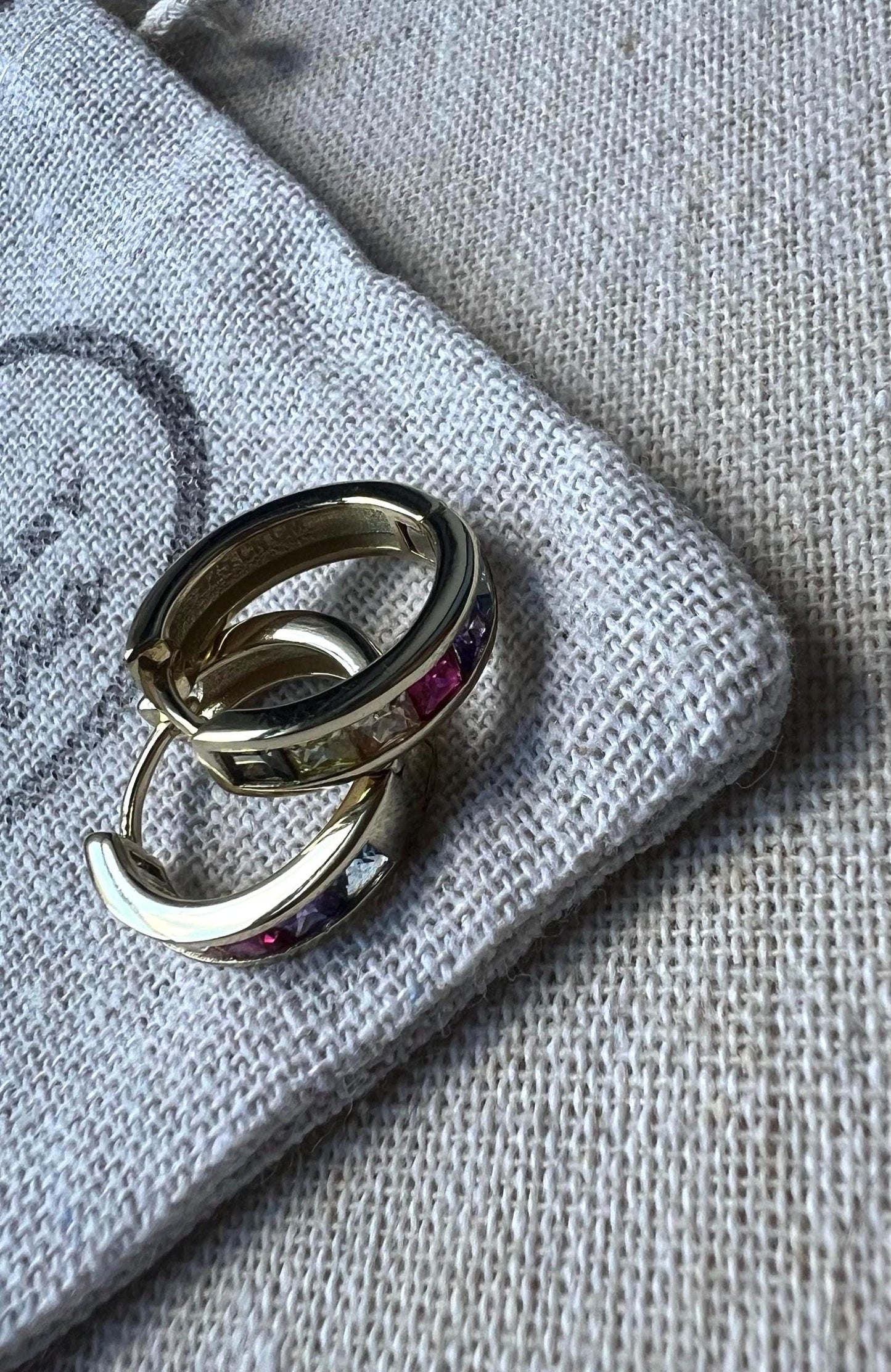 Rainbow CZ Huggie Earrings: 14K Gold Plated Sterling Silver